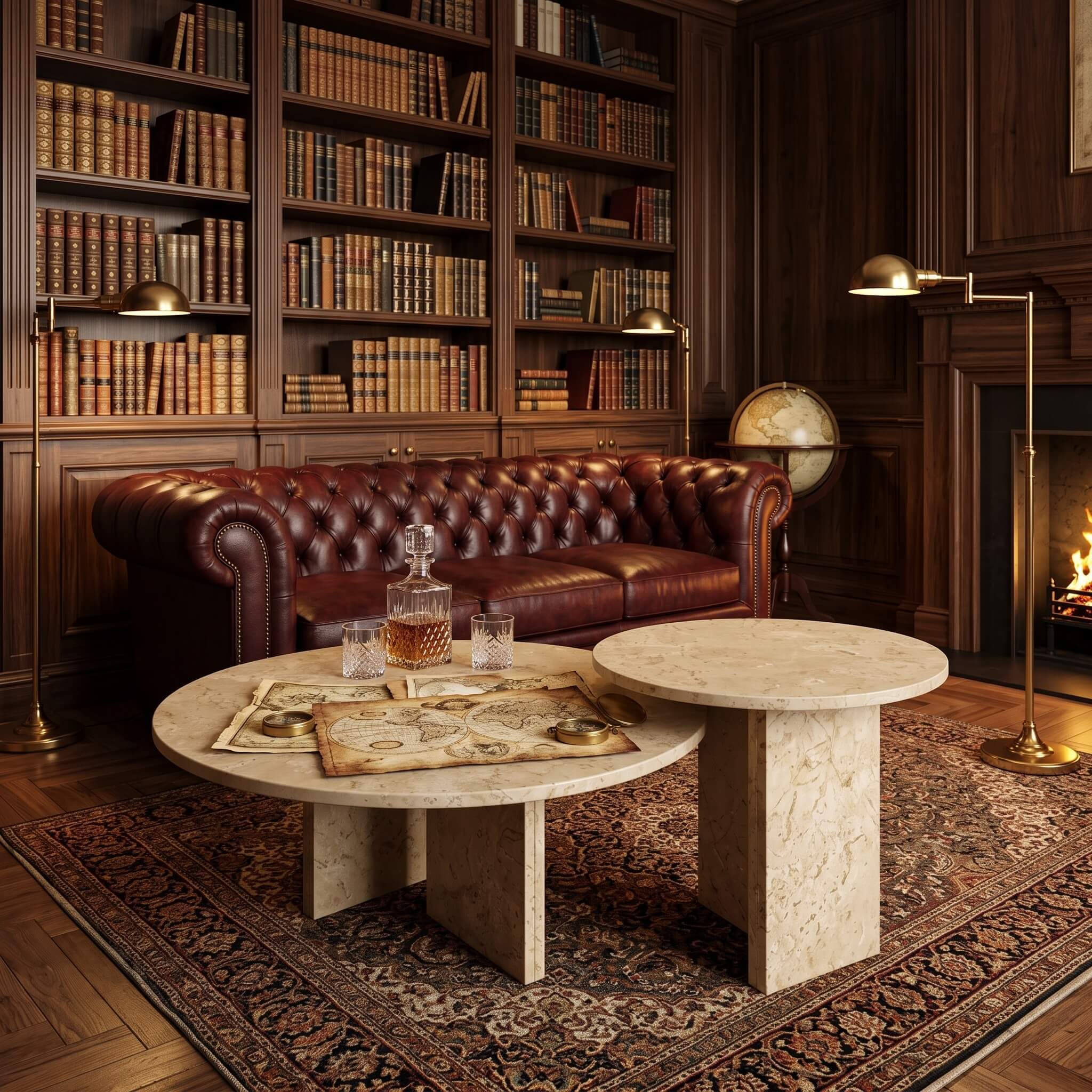 Amber Gold natural marble nesting tables in a luxury private library with built-in bookshelves and vintage decor.