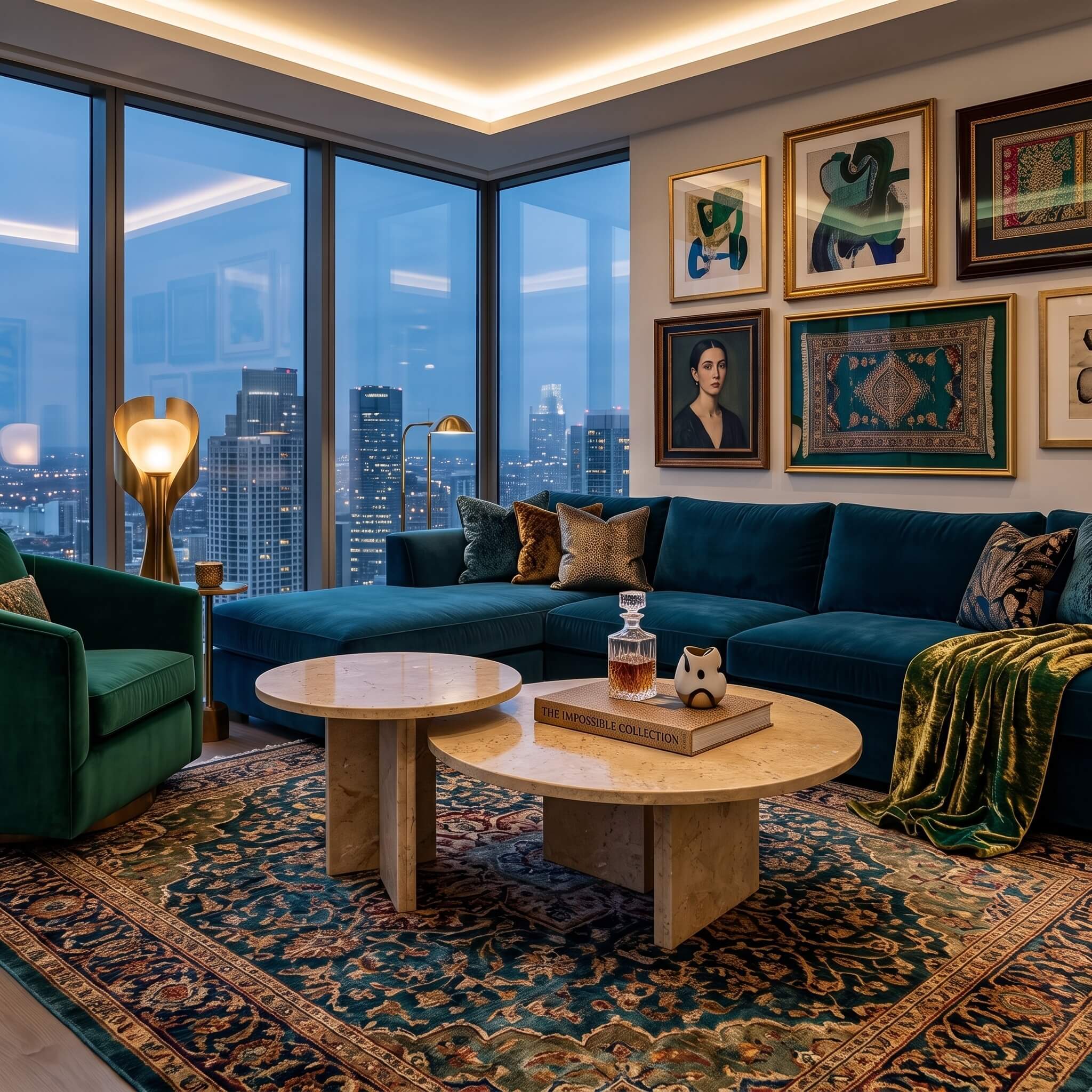Amber Gold marble nesting coffee tables set on a vintage patterned rug in a penthouse lounge with city skyline views.