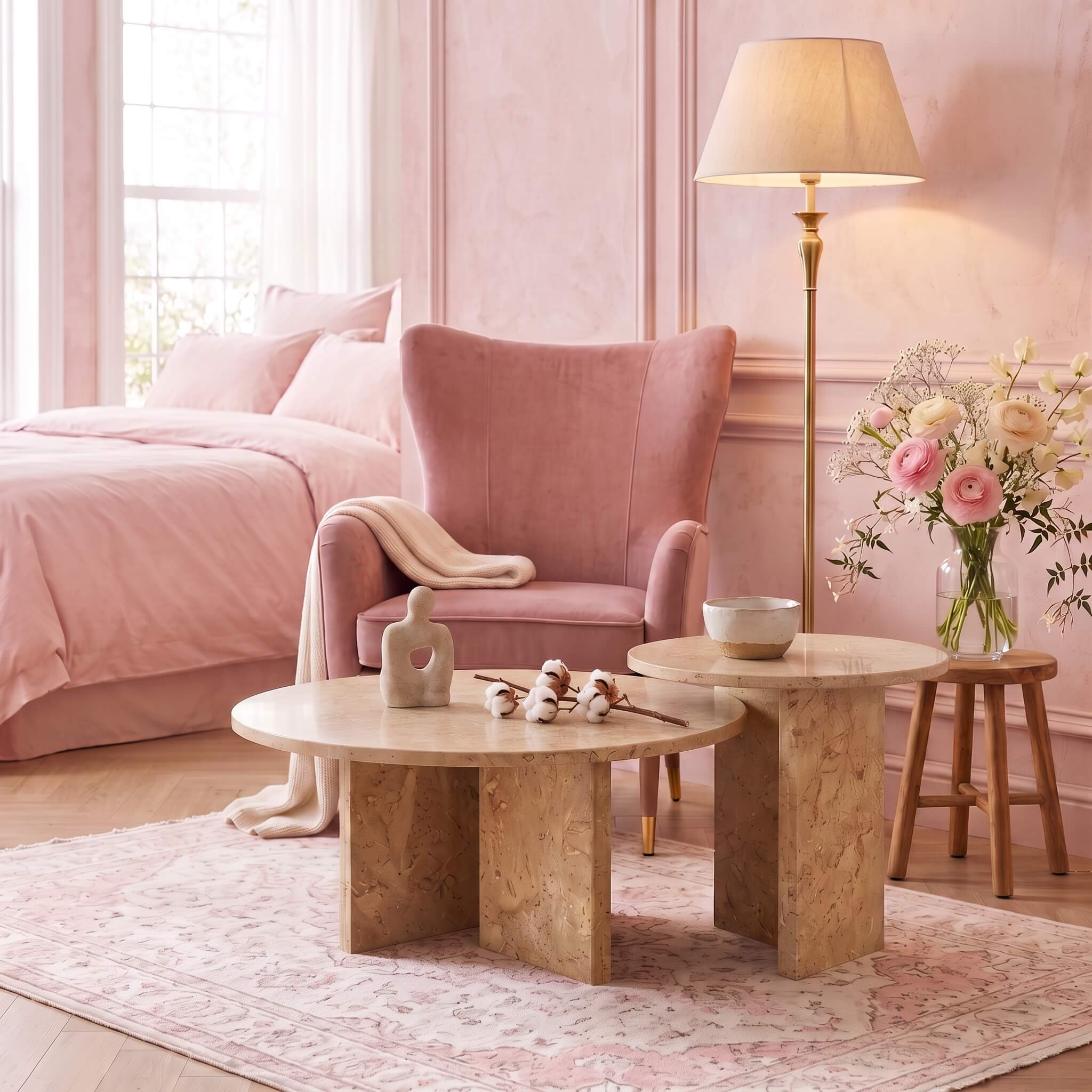 Amber Gold marble nesting tables set on a pink rug next to a plush velvet armchair and floor lamp in a luxury bedroom.