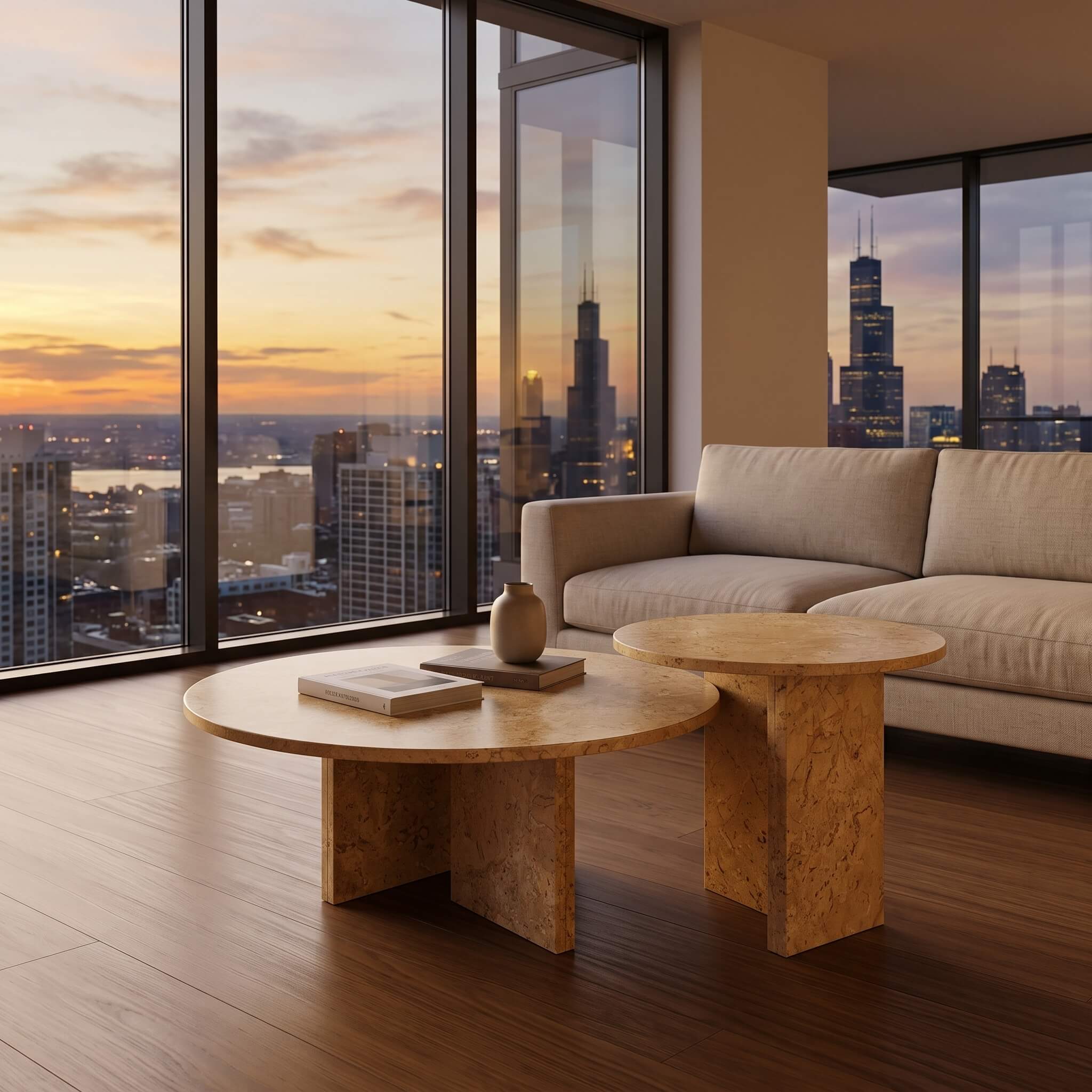 Amber Gold marble nesting coffee tables styled on hardwood floors in a high-rise penthouse lounge at sunset.