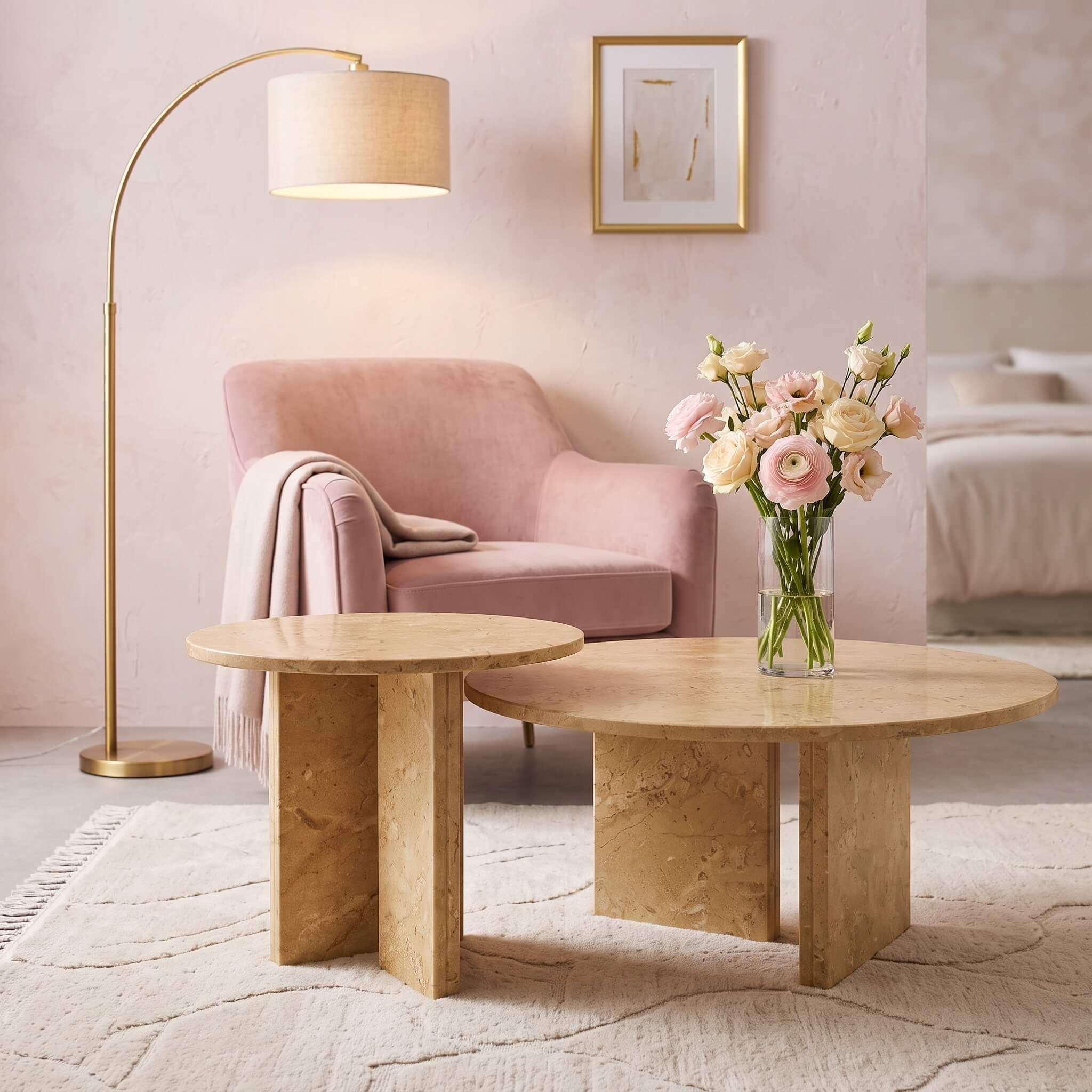 Amber Gold natural marble nesting tables displayed on a white textured rug in front of a soft pink velvet armchair.