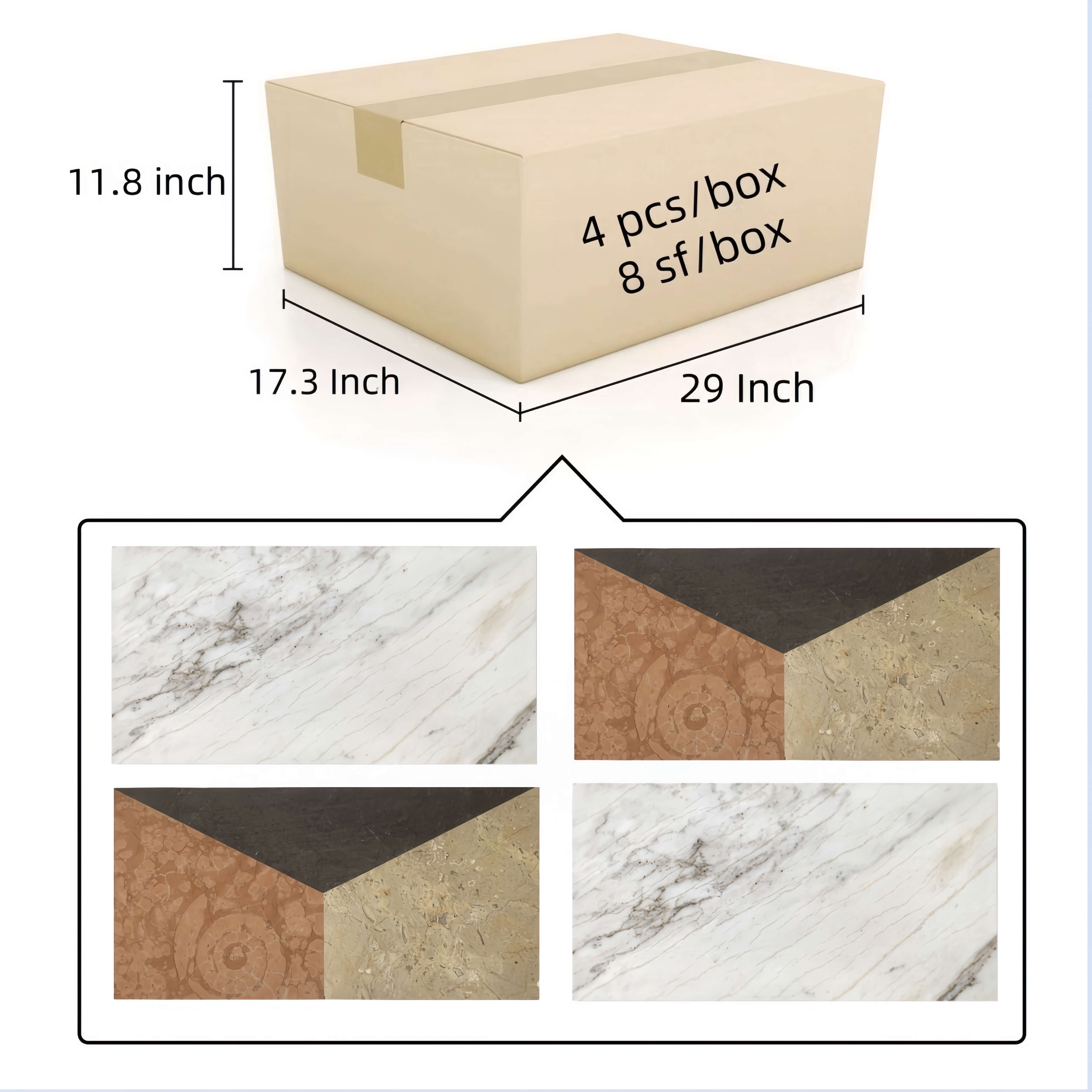 Safe and damage-resistant packaging for 12x24 waterjet marble tiles, containing 4 pieces and covering 8 square feet per box.