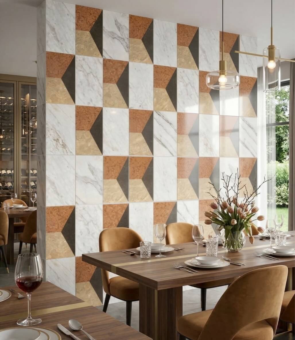 Dining room accent wall featuring a custom DIY irregular pattern using 12x24 waterjet marble tiles set.