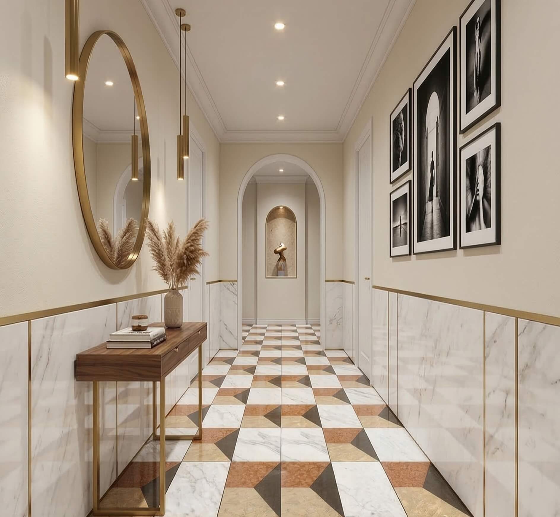 Elegant hallway showcasing a unique custom layout of four-color waterjet marble floor tiles set. 