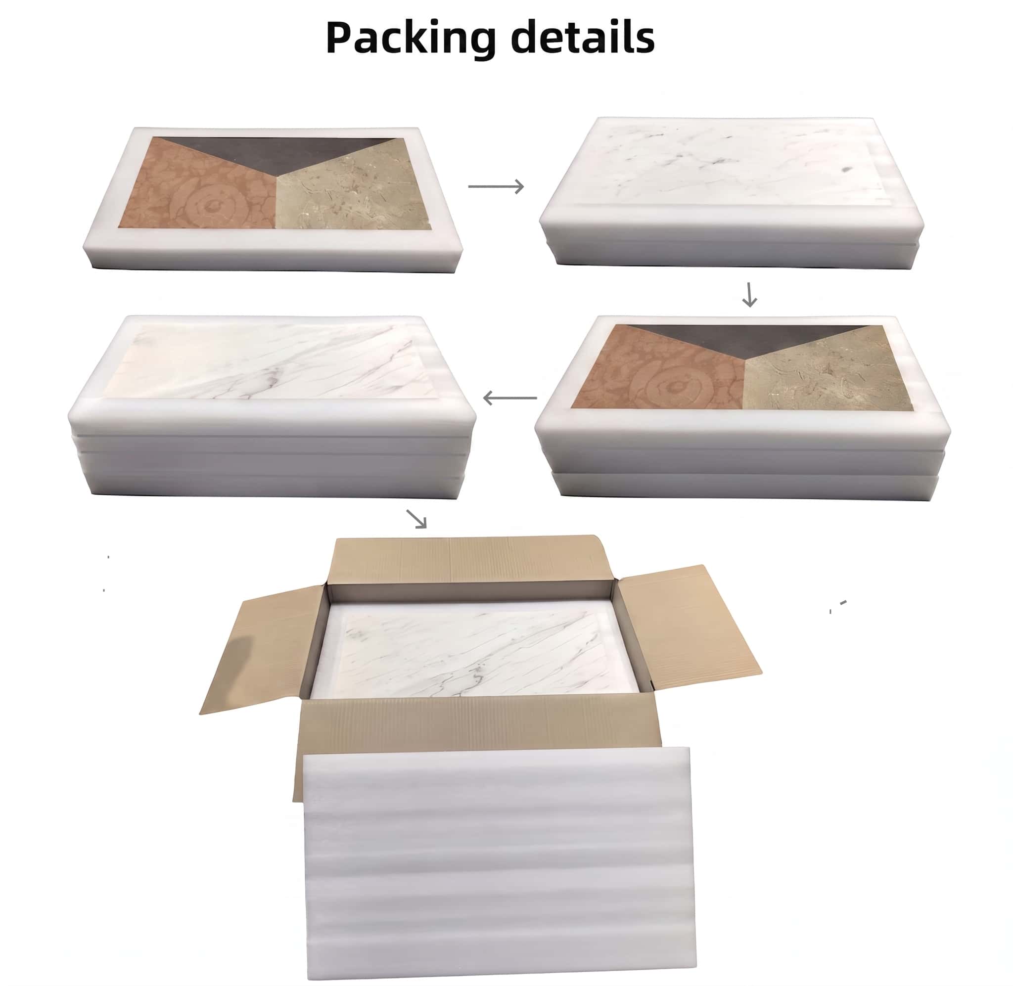 Step-by-step inner packaging diagram showing custom foam layers and protective padding for safe marble tile delivery.