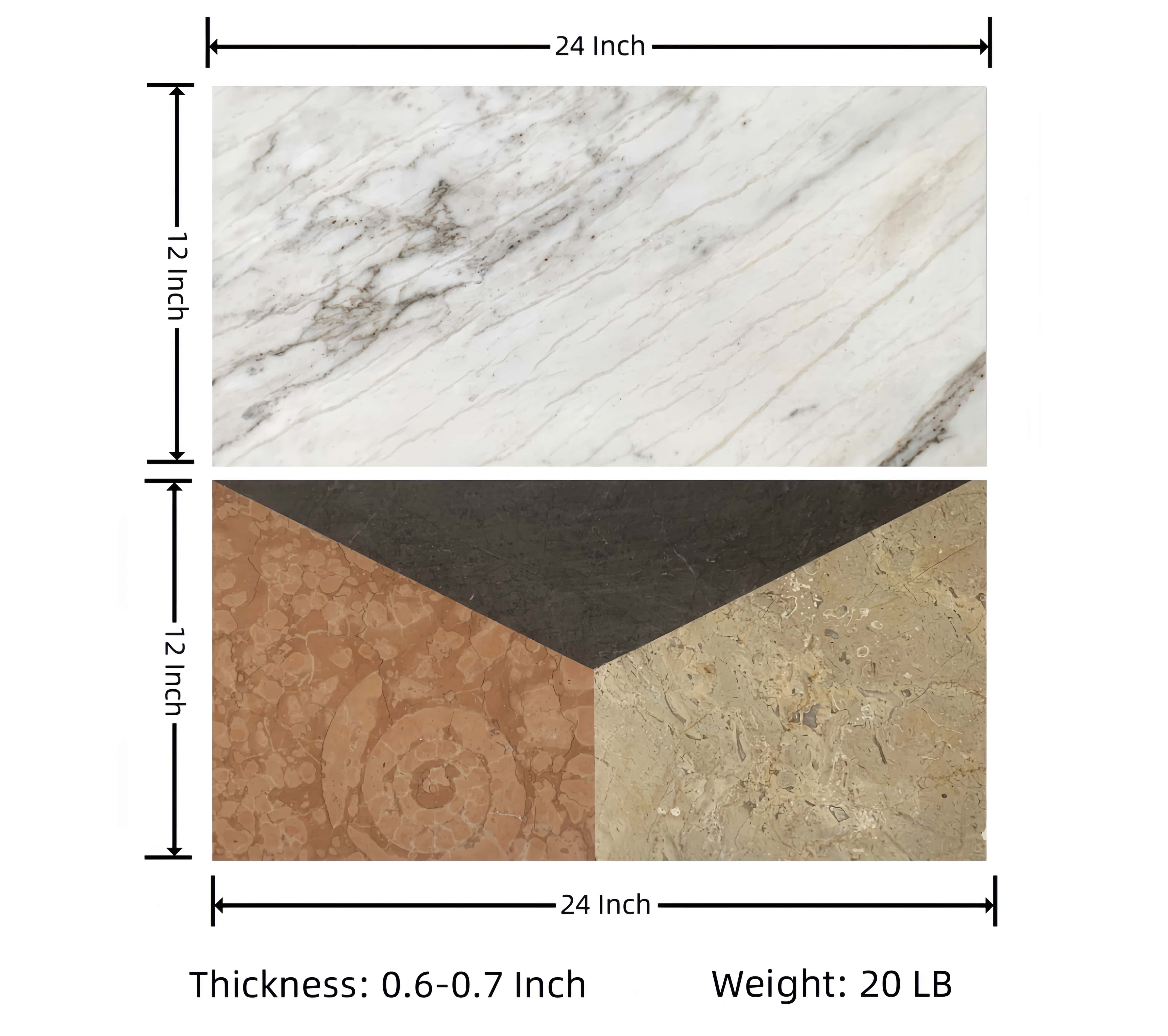 Dimension specifications diagram for 12x24 polished marble tiles showing 0.6 to 0.7 inch thickness and 20 lb unit weight.