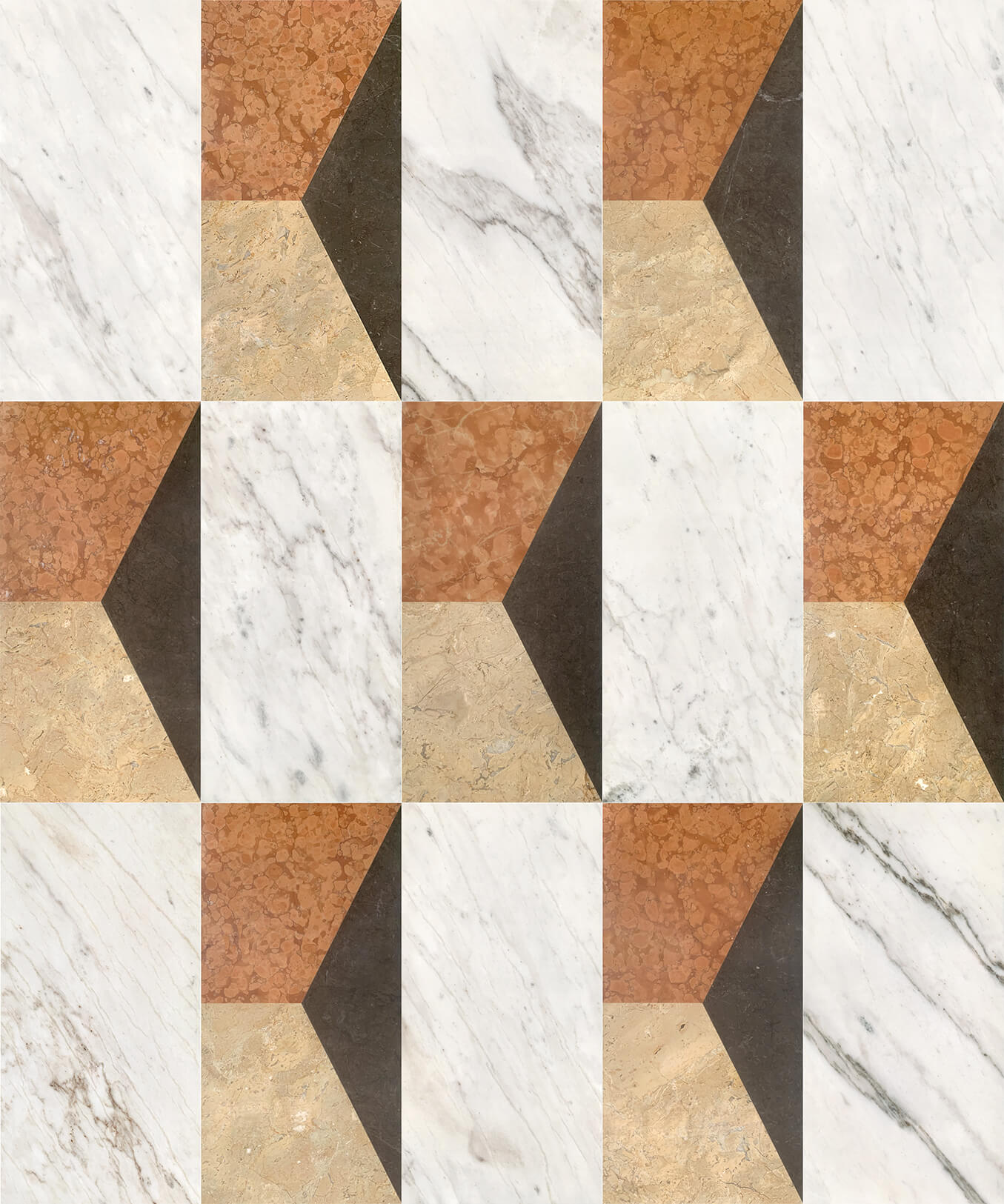 Seamless repeating pattern layout featuring alternating white marble and four-color geometric waterjet inlaid marble tiles.