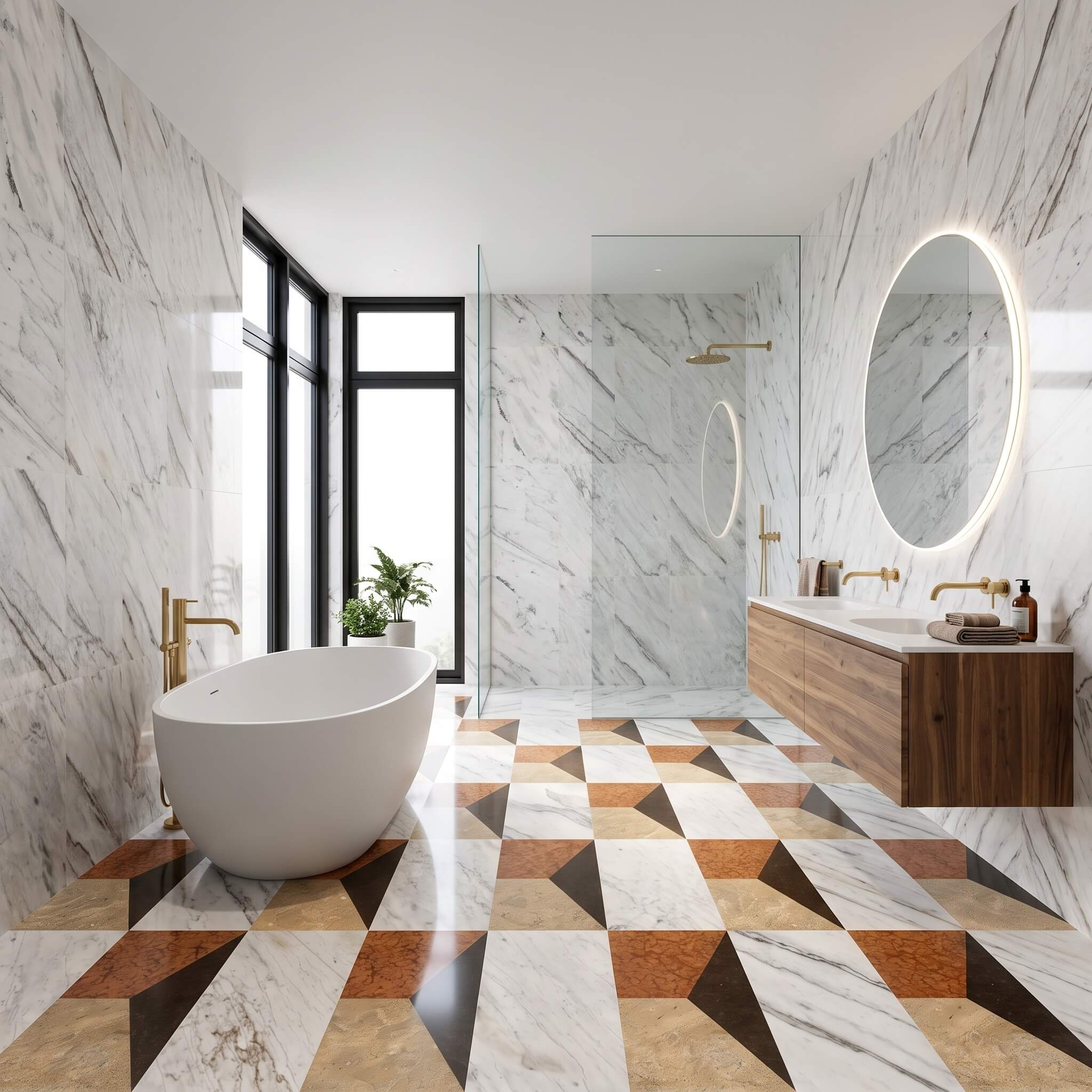 Luxury master bath with 12x24 Snow Mountain White marble wall tiles and 4-color geometric waterjet floor tiles.