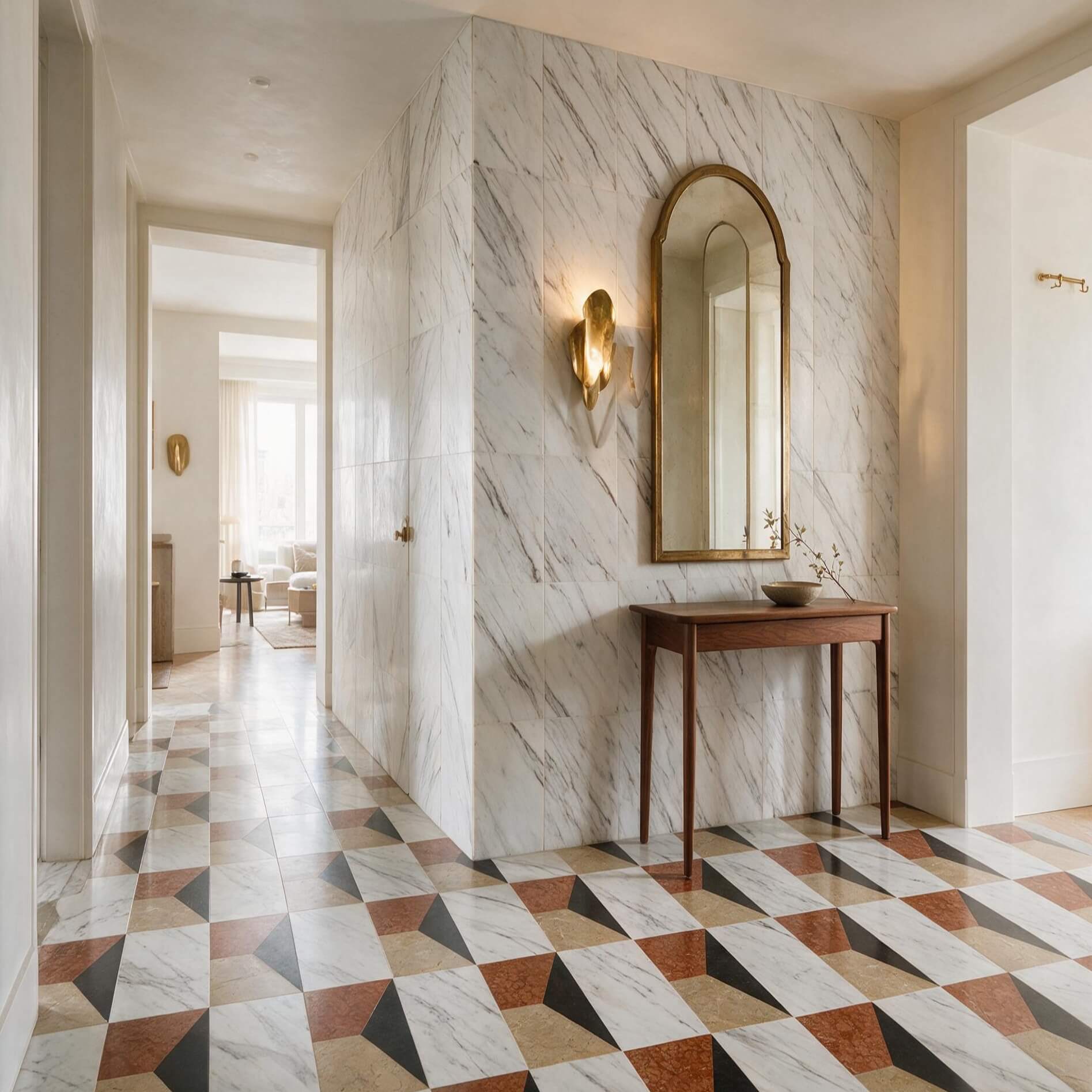 Elegant hallway entryway featuring Snow Mountain White marble wall tiles and 4-color waterjet floor pattern.