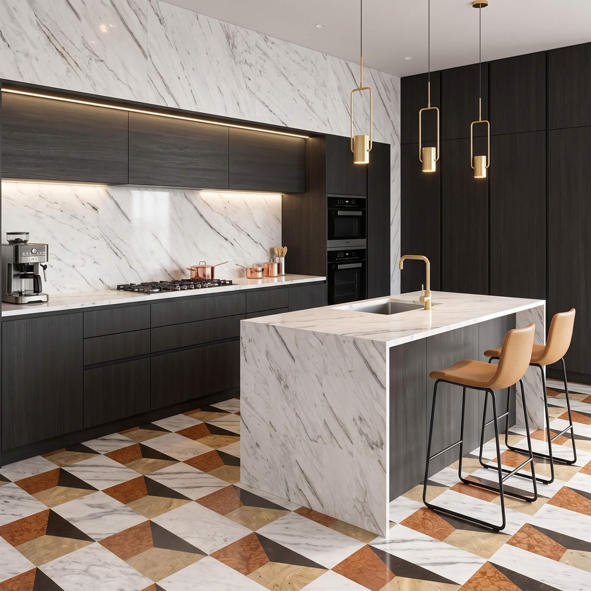 Modern kitchen with 4-color waterjet marble floor tiles paired with 12x24 Snow Mountain White marble wall tiles.