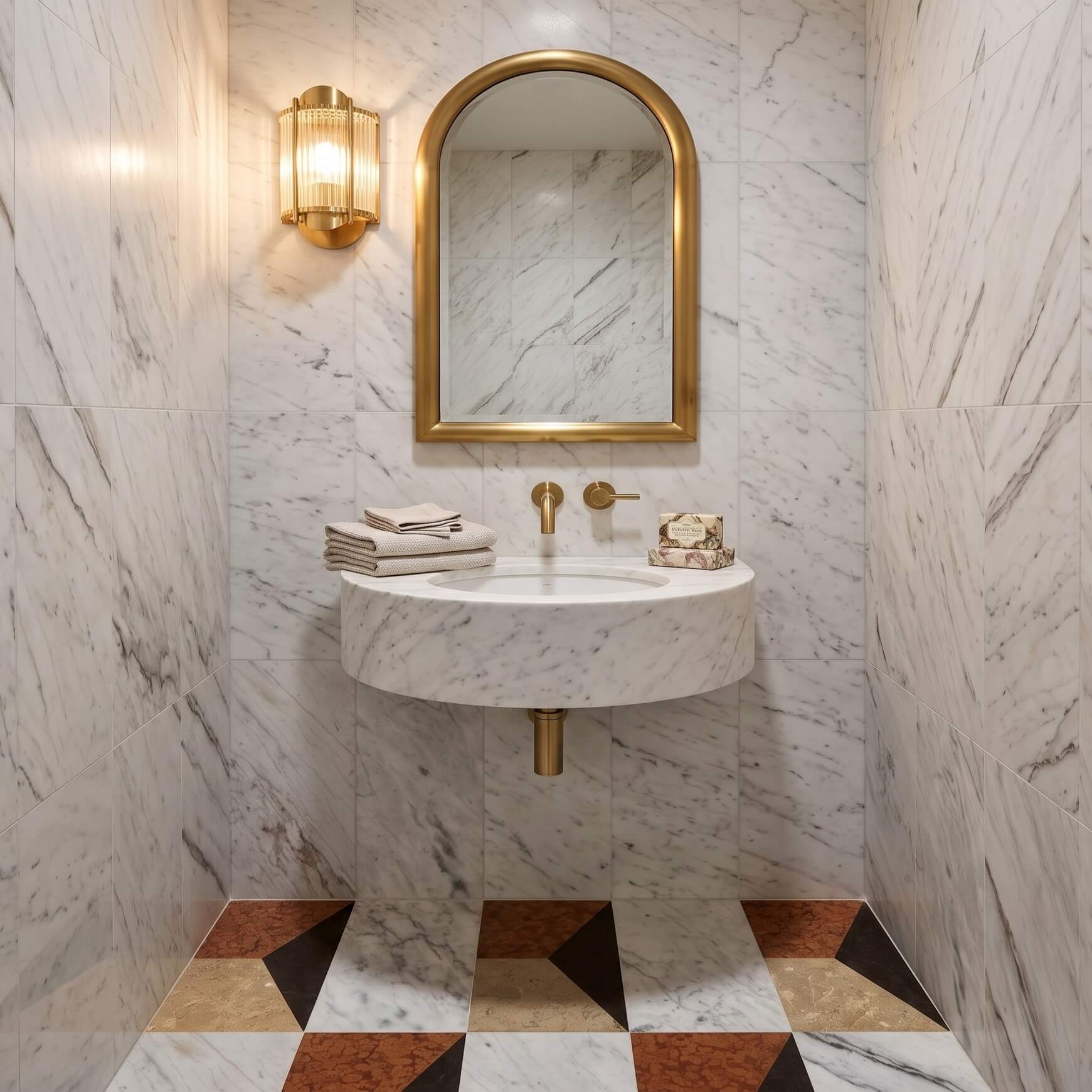 Powder room nook with 12x24 Snow Mountain White marble wall tile cladding and 4-color waterjet floor tiling.