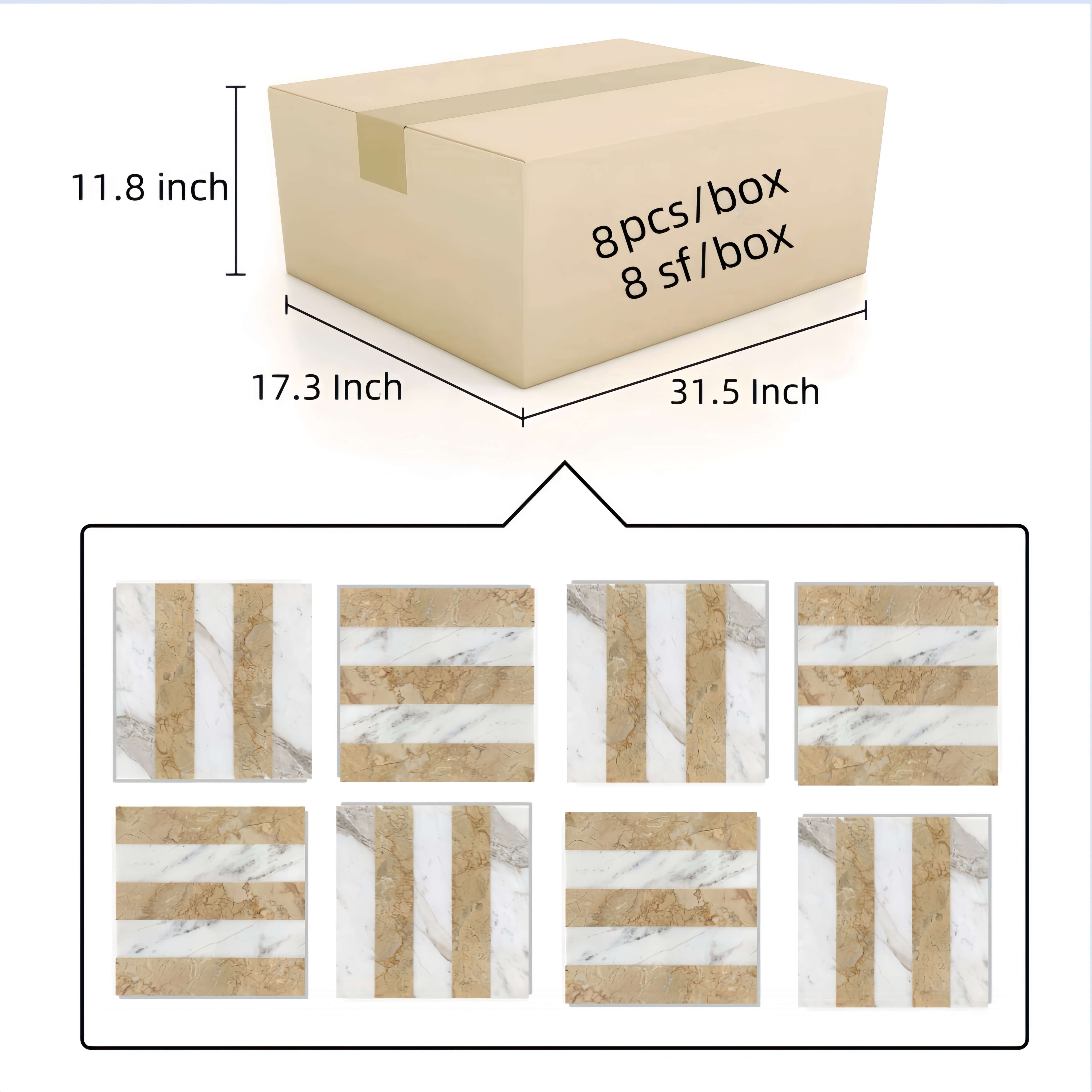 Packaging specifications diagram displaying an 8-piece box set covering 8 sq ft with 4 Pattern A and 4 Pattern B tiles.