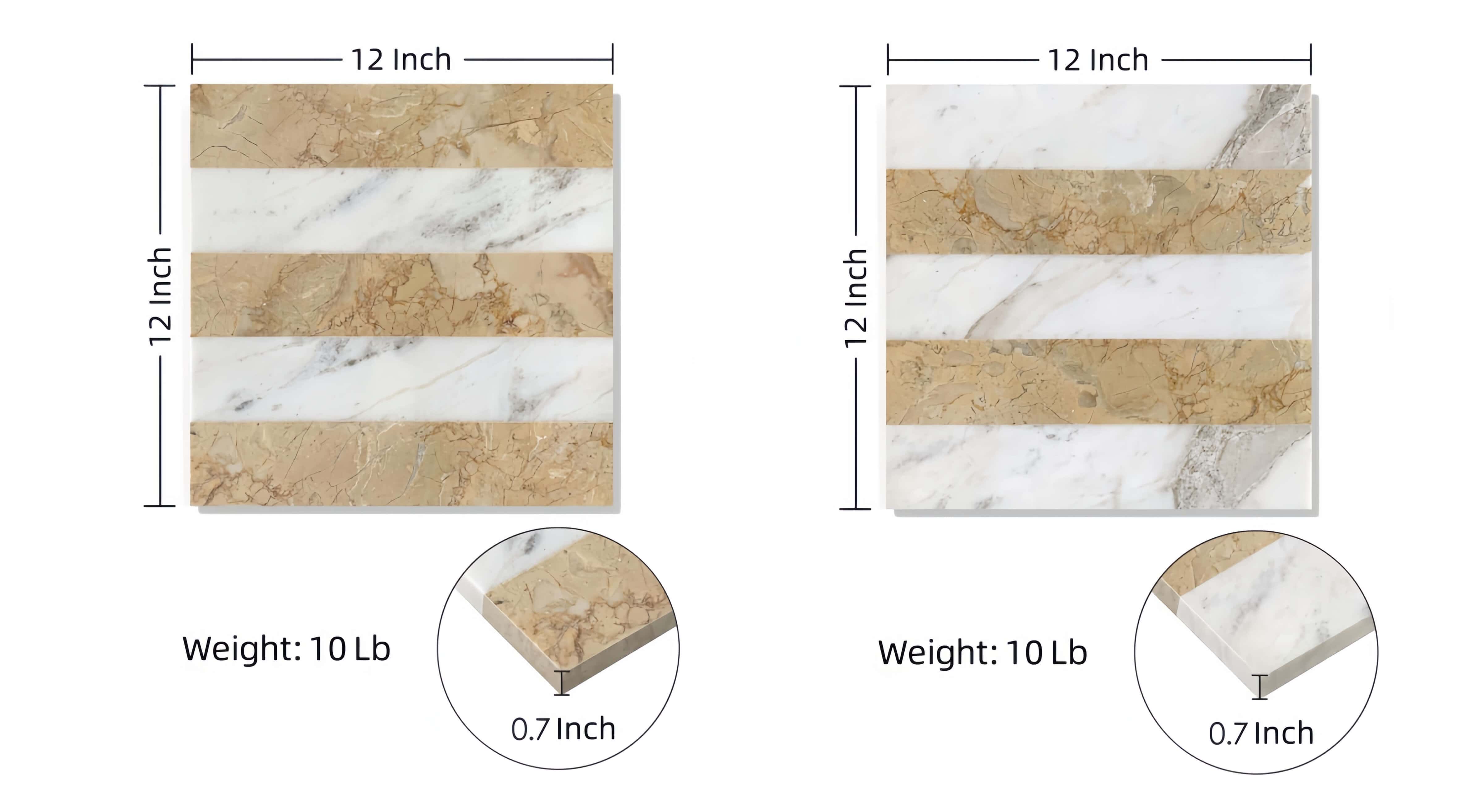 Technical diagram showing 12x12 inch White and Gold waterjet marble tile dimensions, 0.7-inch thickness, and 10 lb weight.