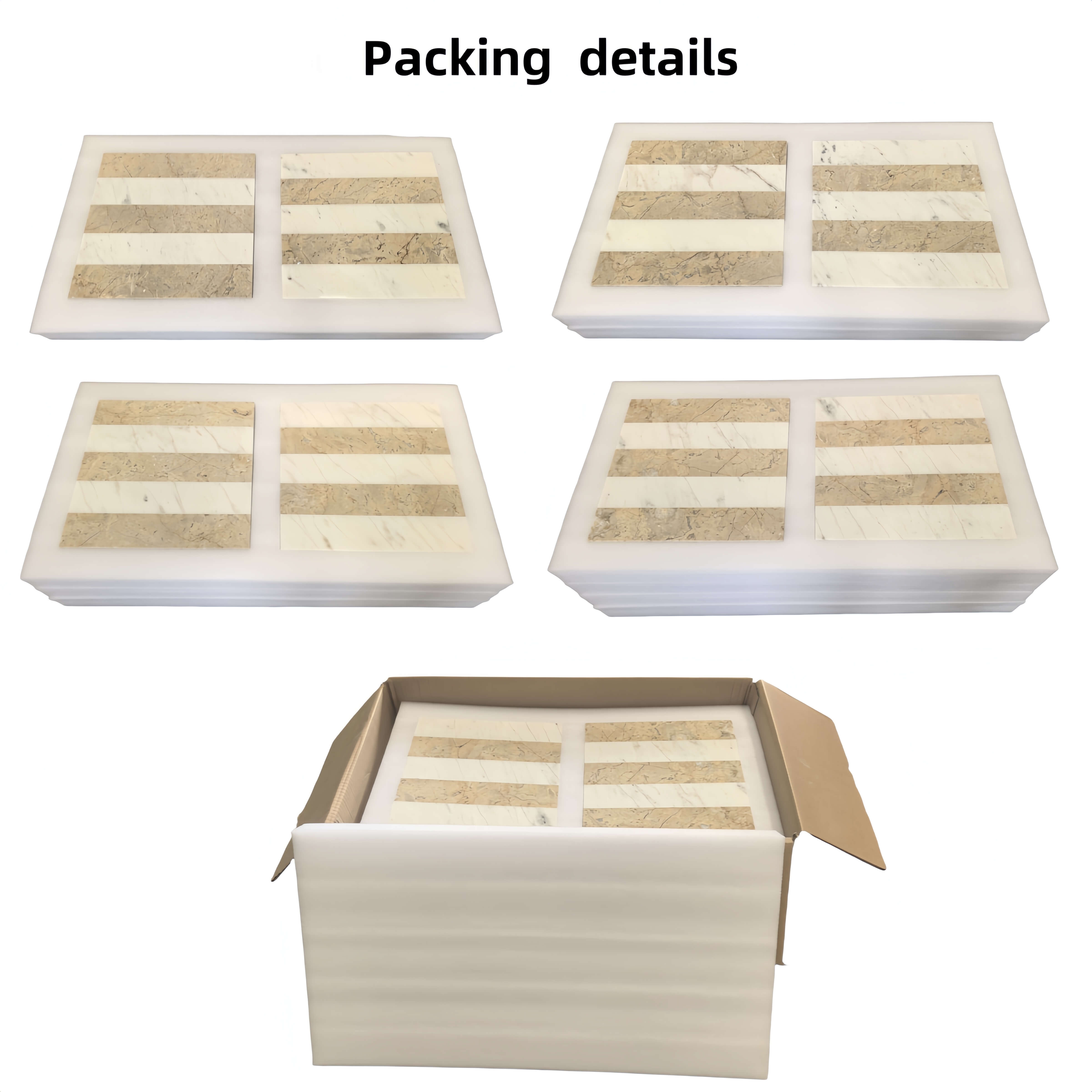 Custom foam packaging details showing individual tile protection layers and heavy-duty cardboard shipping box.