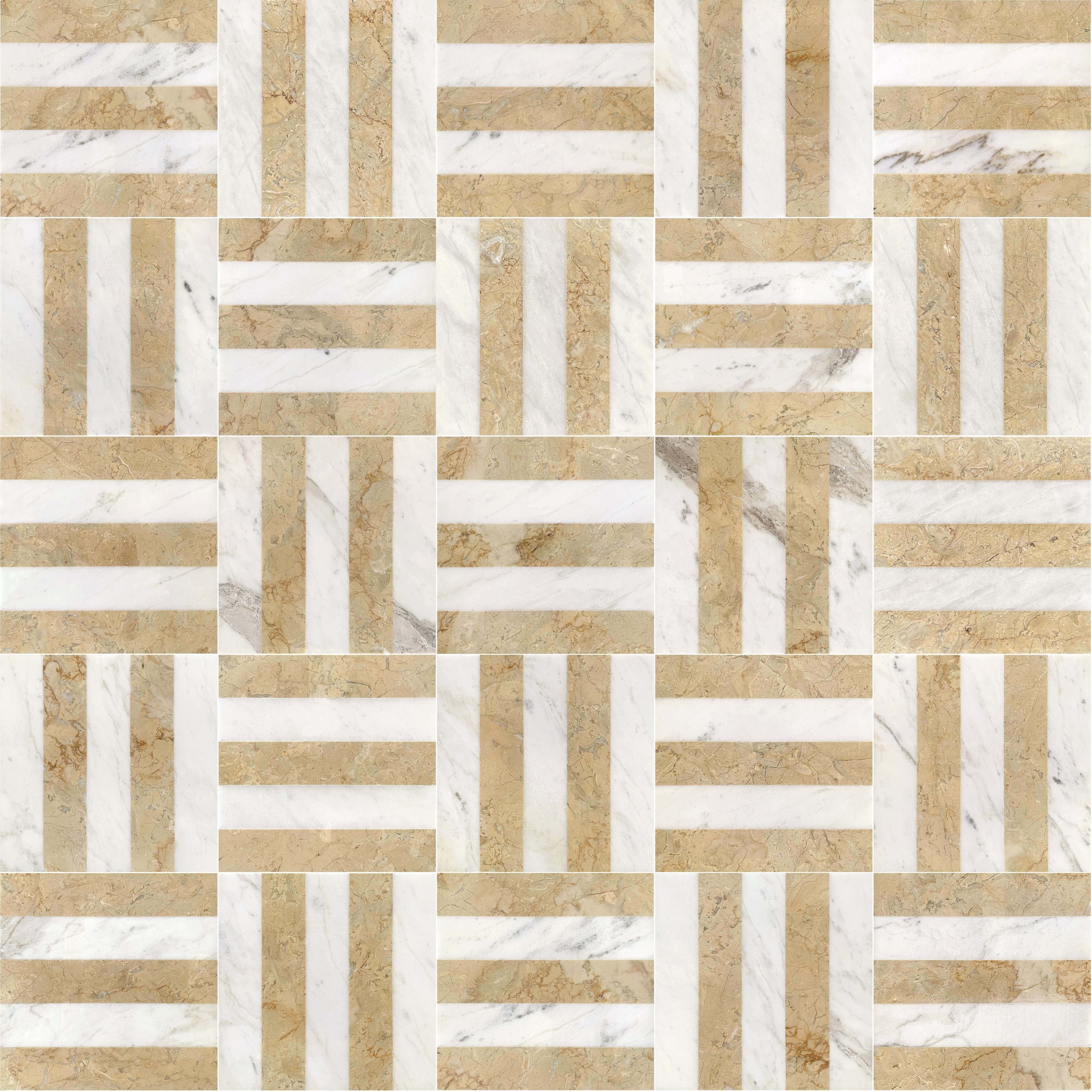 Custom woven geometric basketweave floor layout created using alternating White and Gold waterjet natural marble tiles.