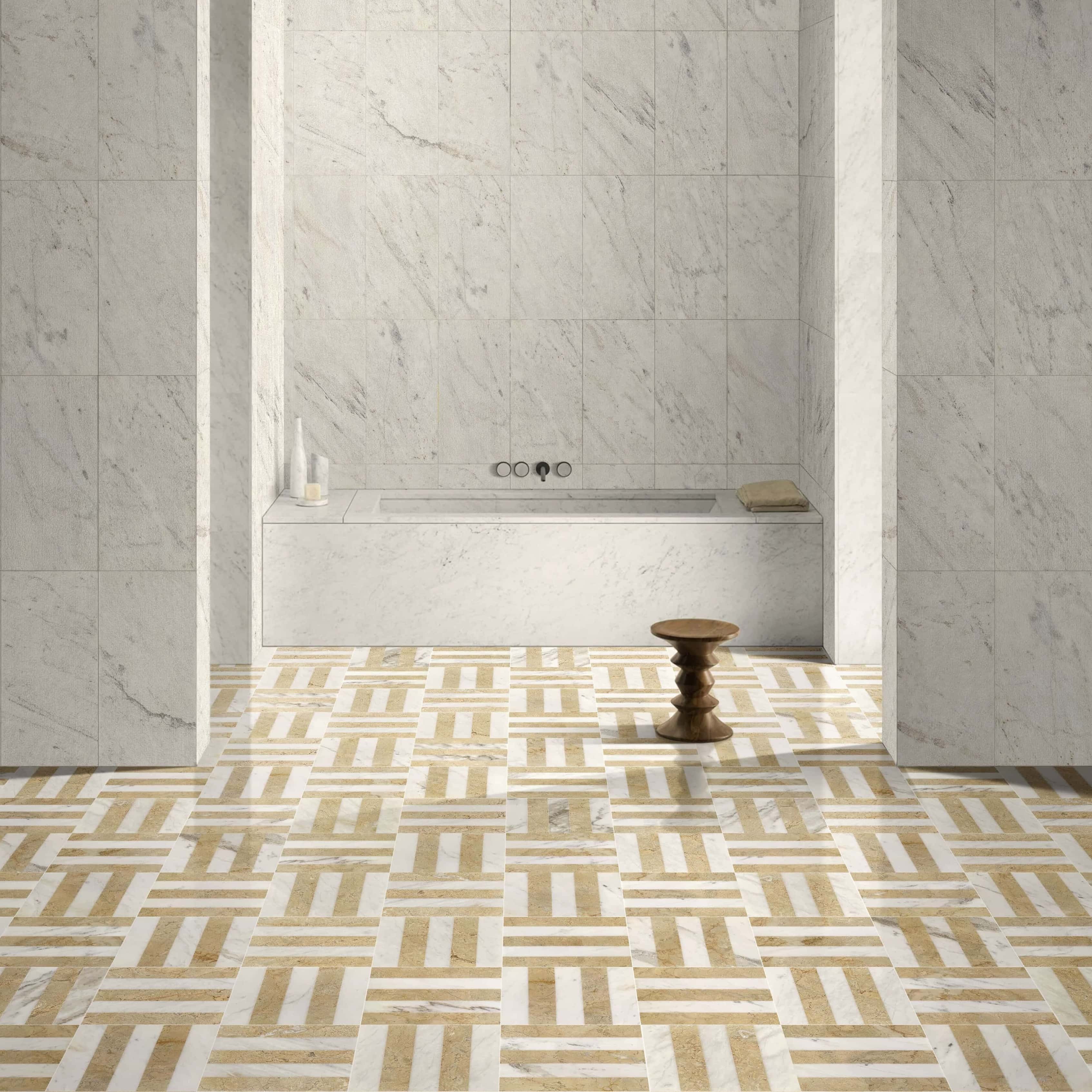 Polished White and Gold waterjet marble floor paired with 12x24 Snow Mountain White textured marble wall tiles.