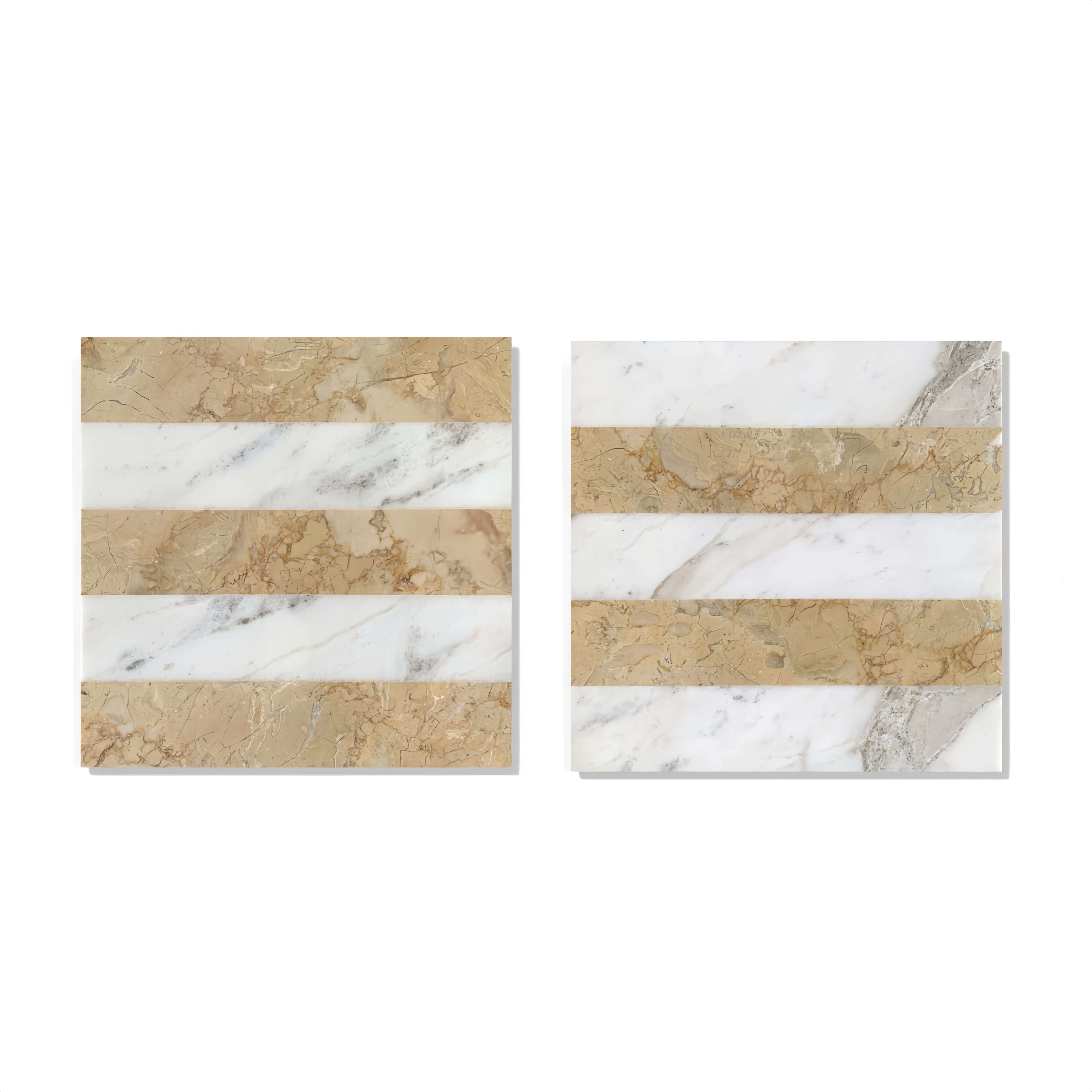 Snow Mountain White and Amber Gold waterjet marble tile set featuring two complementary straight striped tile patterns.