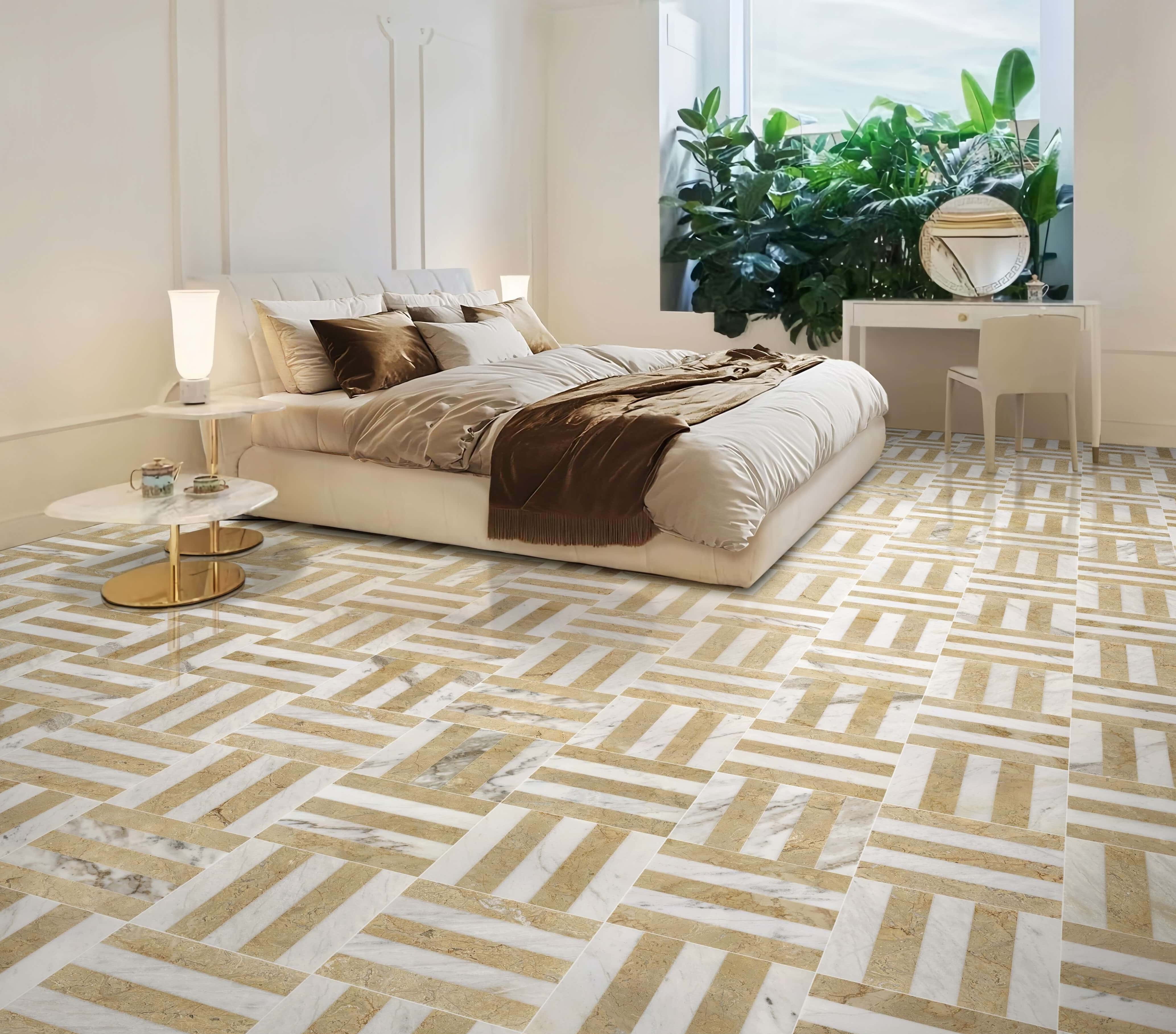 Elegant master bedroom floor design incorporating polished White and Amber Gold waterjet natural marble tiles.