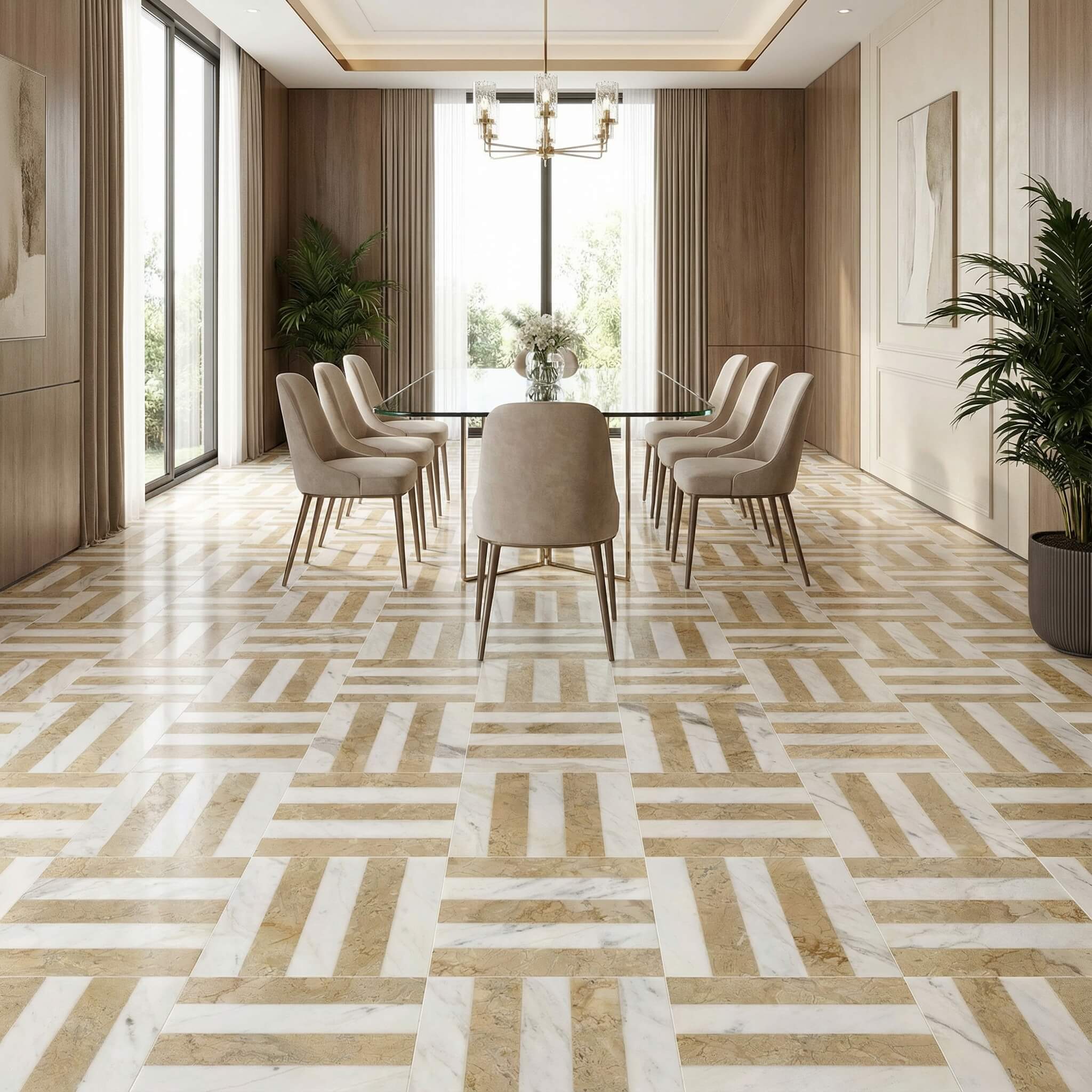 Formal dining space featuring polished White and Amber Gold waterjet marble tile flooring beneath a glass dining table.