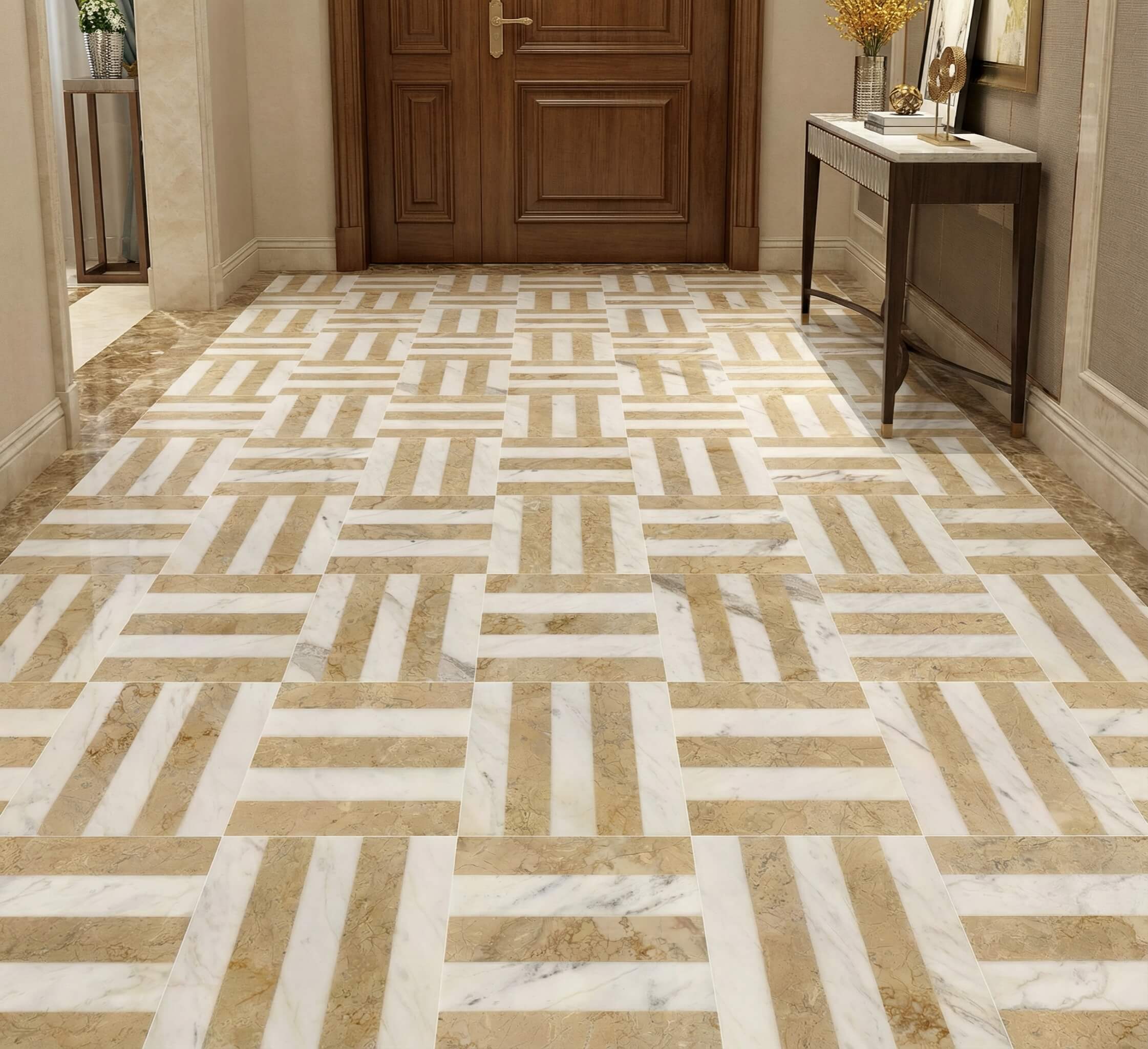 High-end residential foyer entryway floor installed with White and Amber Gold waterjet marble tile geometric layout.