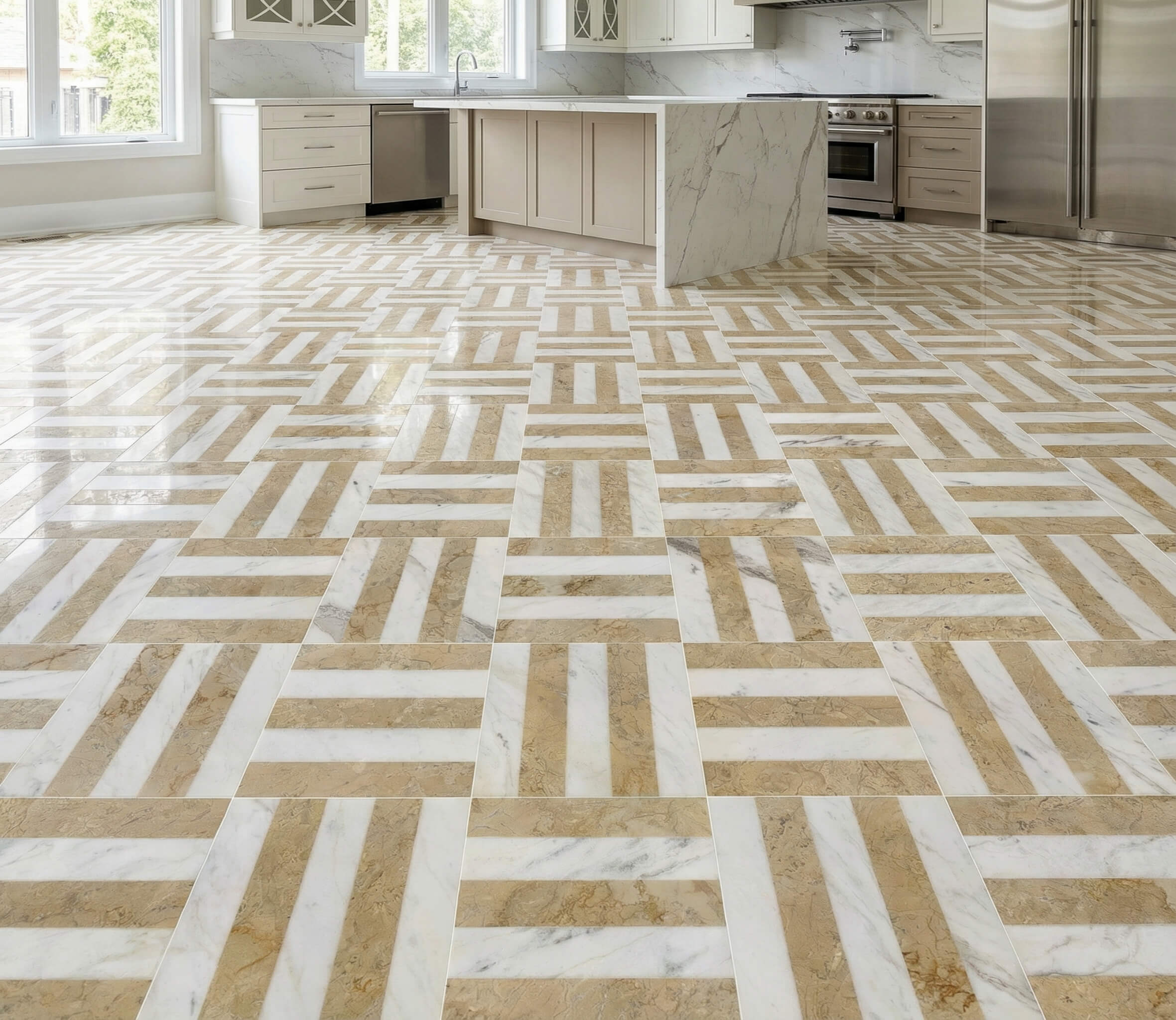 Modern luxury kitchen floor installed with polished Snow Mountain White and Amber Gold waterjet marble tile set.