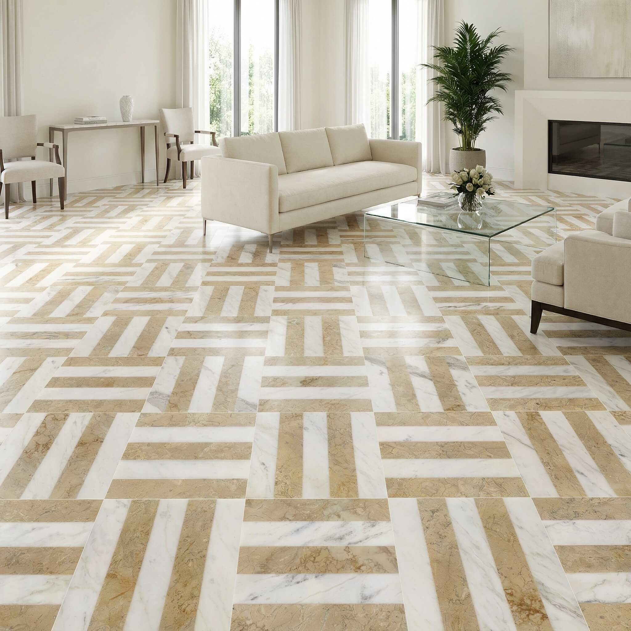 Contemporary living room floor styled with Snow Mountain White and Amber Gold waterjet natural marble tiles.