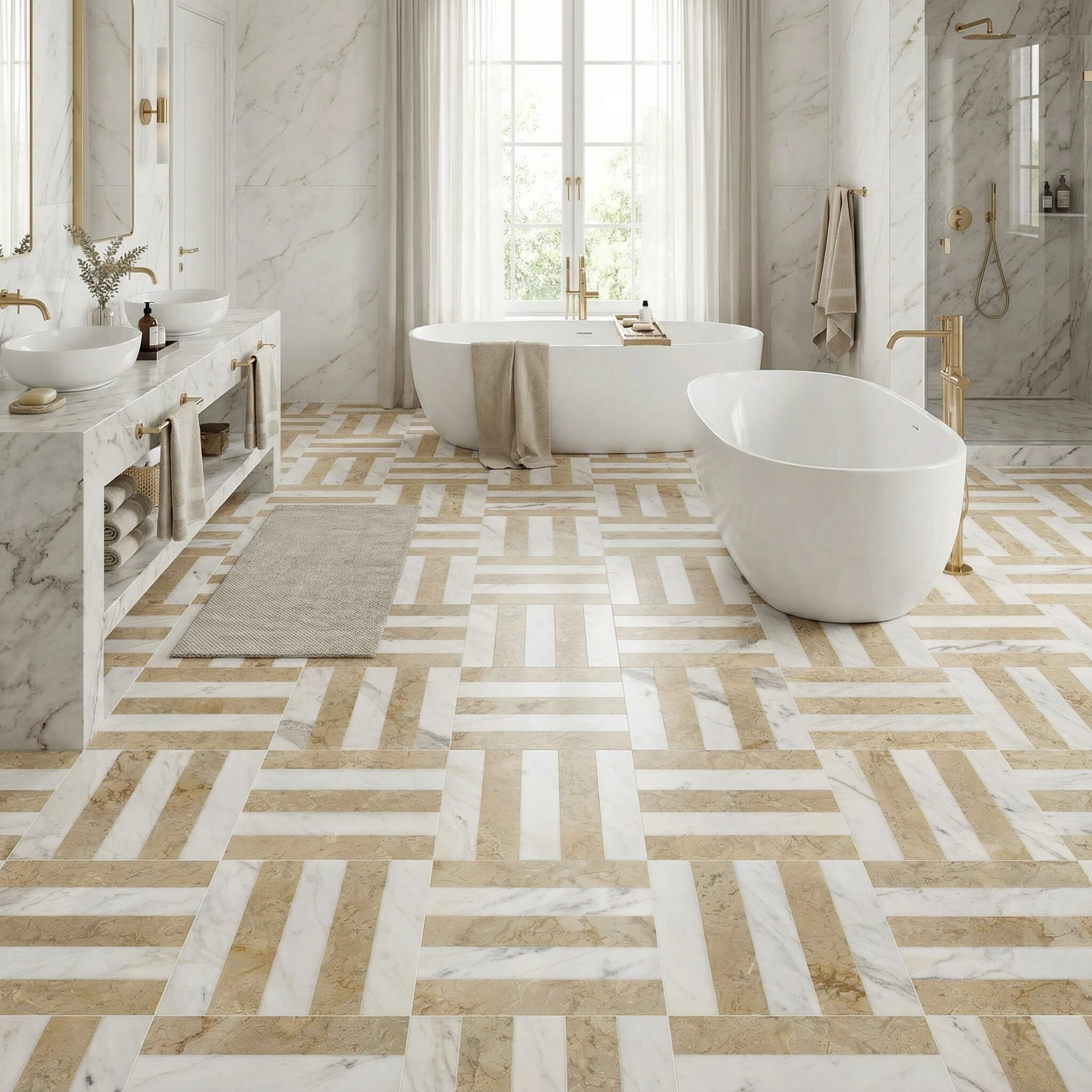 Spacious master bathroom featuring woven White and Gold waterjet marble floor tile layout surrounding a freestanding tub.