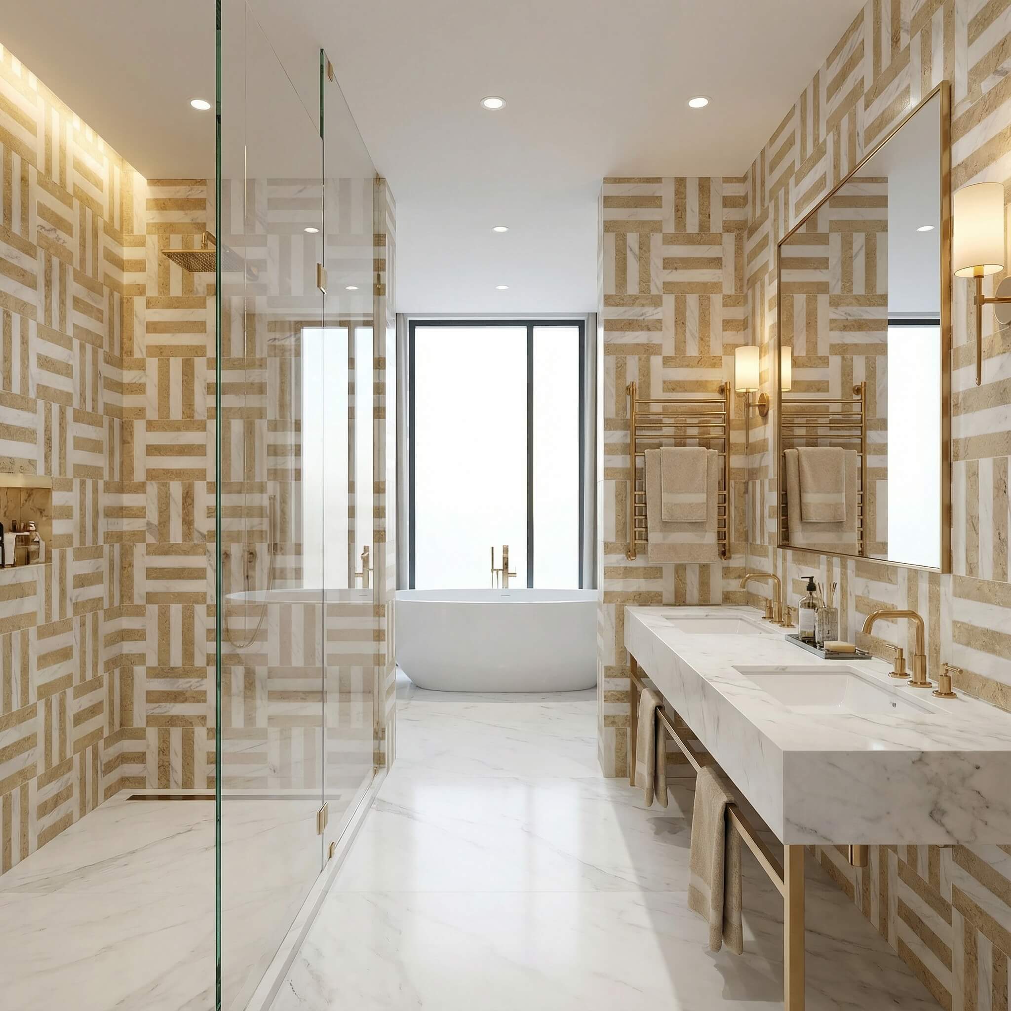 Luxury shower enclosure and bathroom accent wall featuring geometric White and Amber Gold waterjet marble tile pattern.