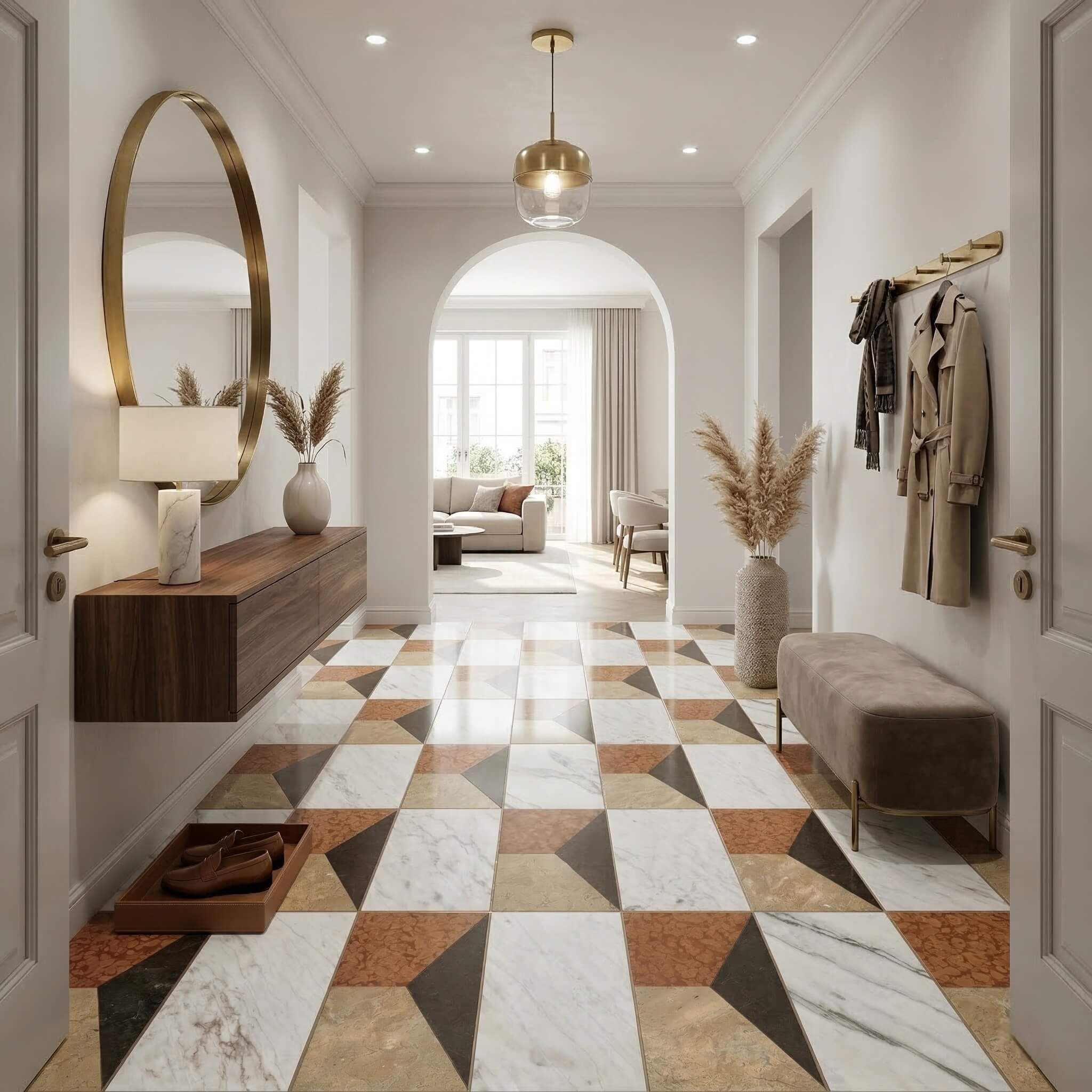 Elegant residential foyer entryway featuring a polished 12x24 four-color geometric waterjet marble tile floor design.