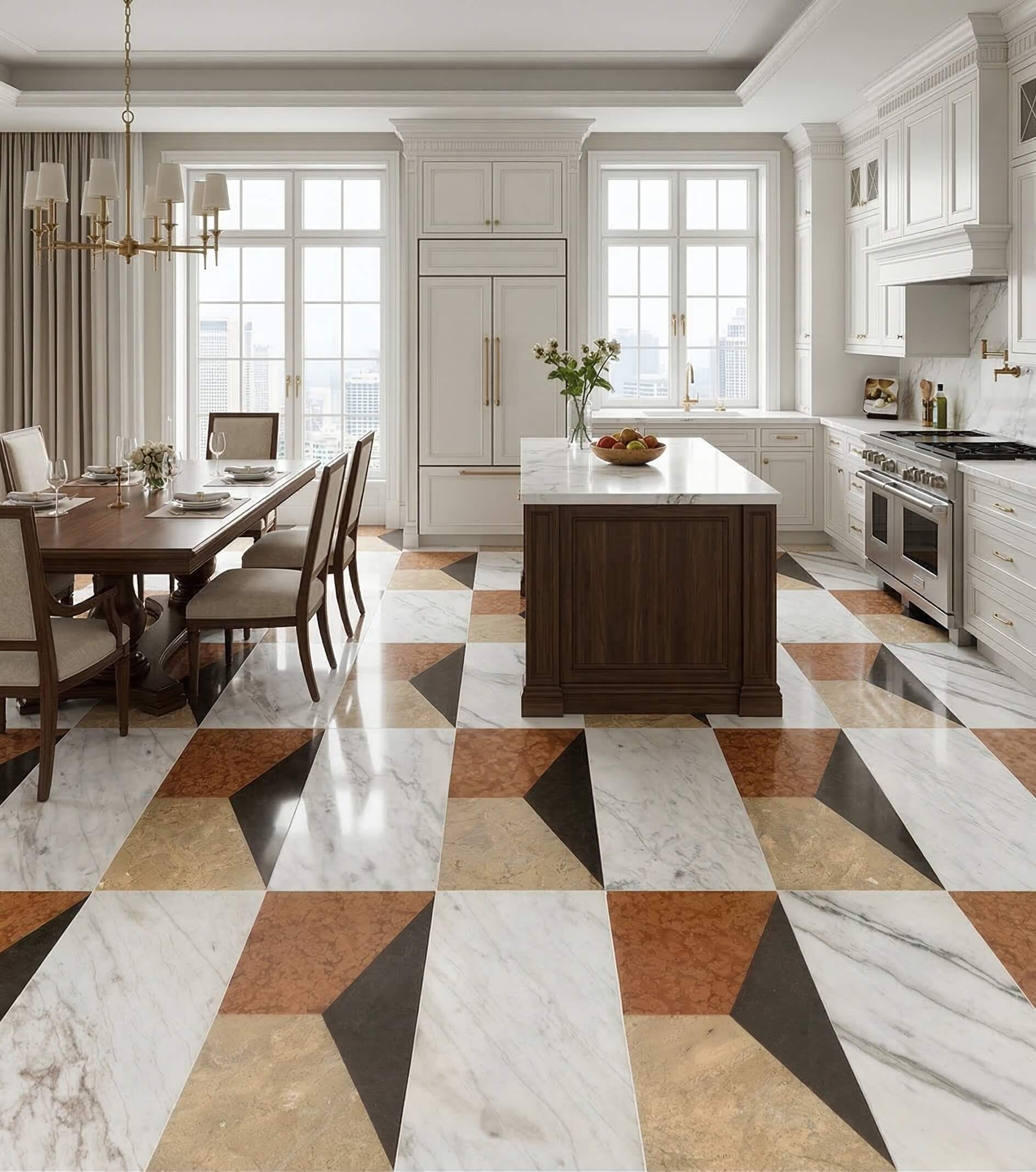 Open-concept luxury kitchen and dining room elevated by a 12x24 four-color geometric waterjet marble tile floor layout.