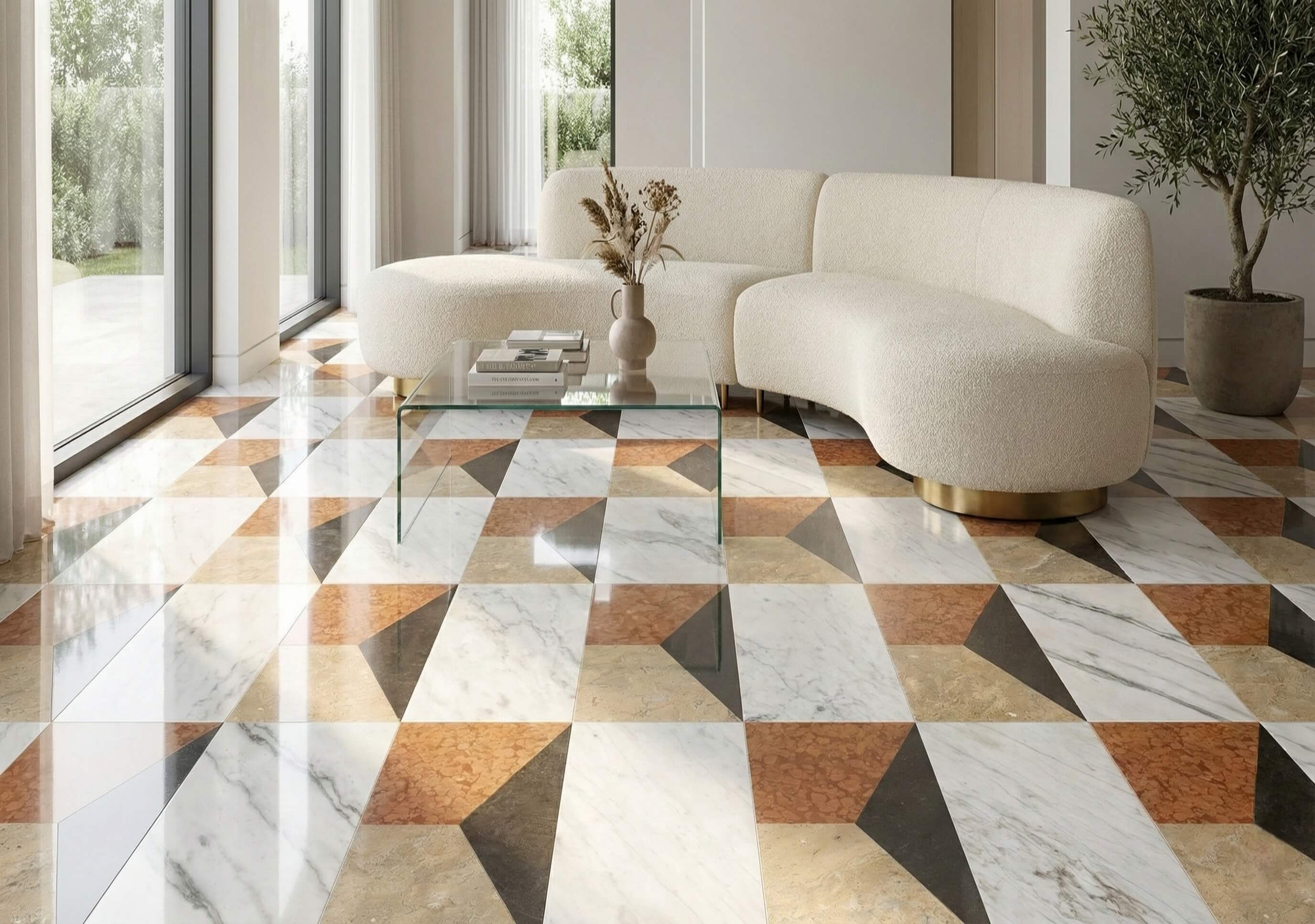 Modern sunlit lounge space centered by a curved white bouclé sofa over polished geometric waterjet marble flooring.