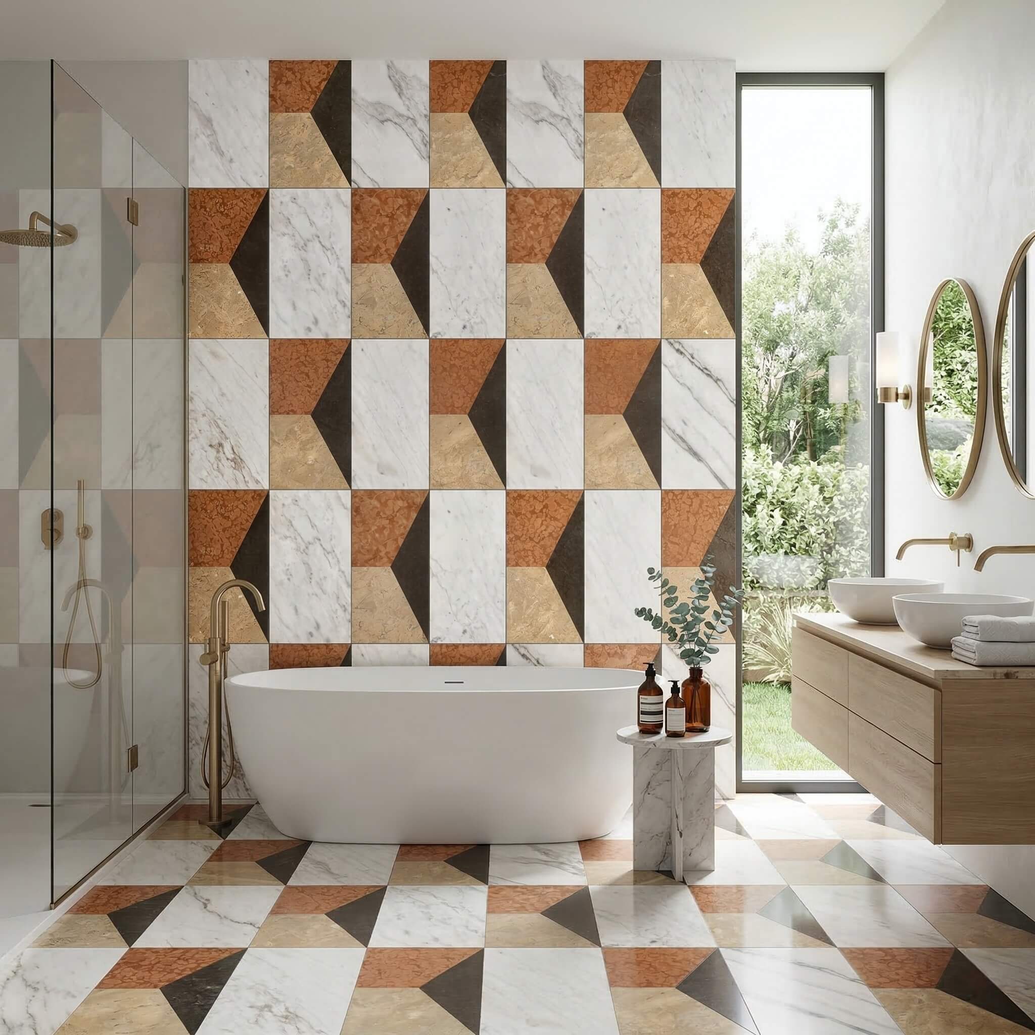 Luxury master bathroom suite with a oval soaking tub, gold fixtures, and matching 12x24 waterjet marble wall and floor.