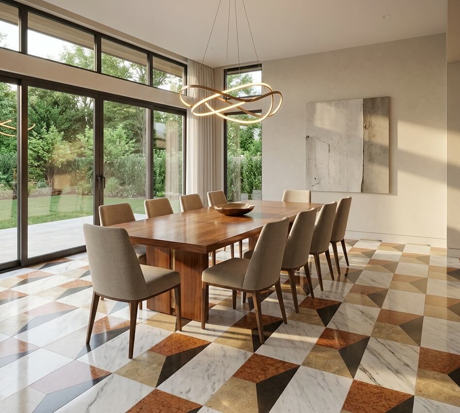 Contemporary dining room with a wooden table over polished 12x24 multi-color geometric waterjet marble flooring.