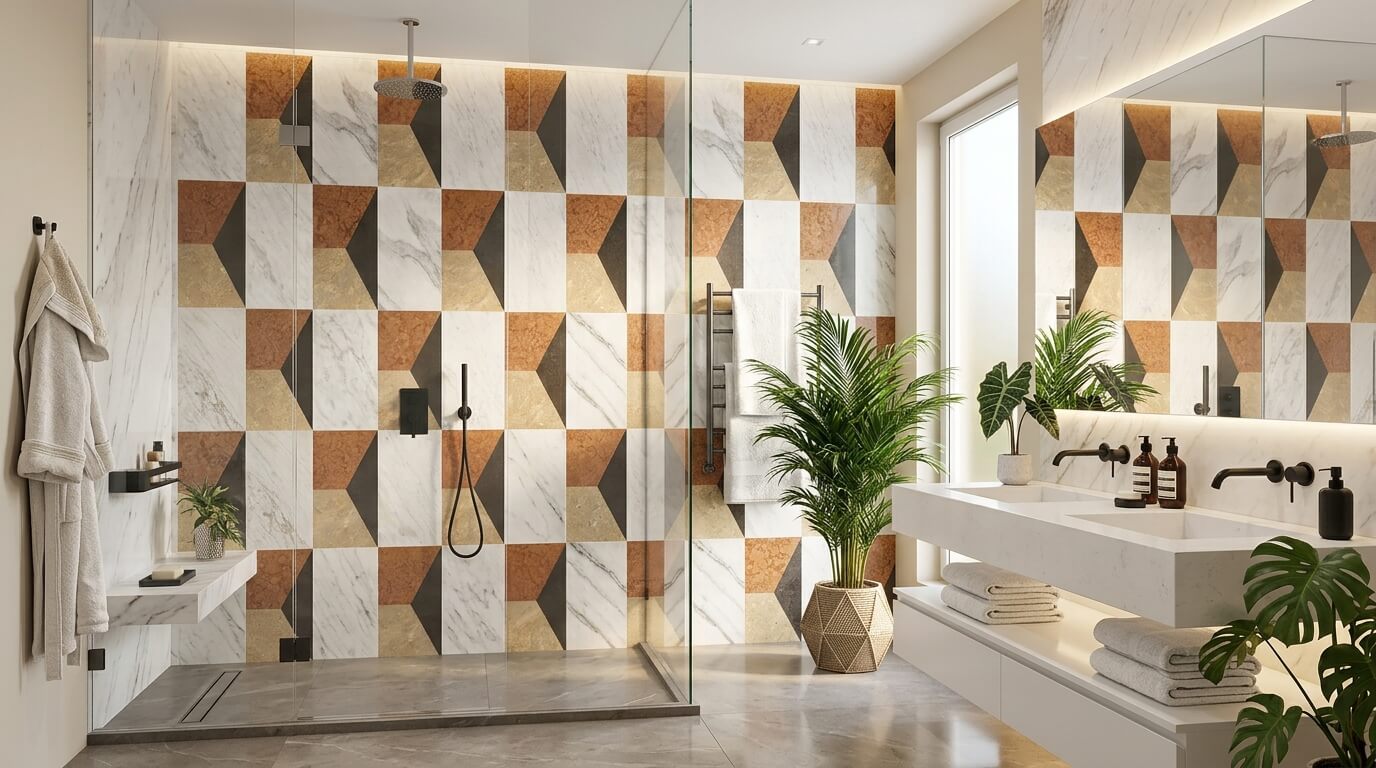Luxury bathroom shower wall lined with vertical 12x24 four-color polished geometric waterjet marble tiles.