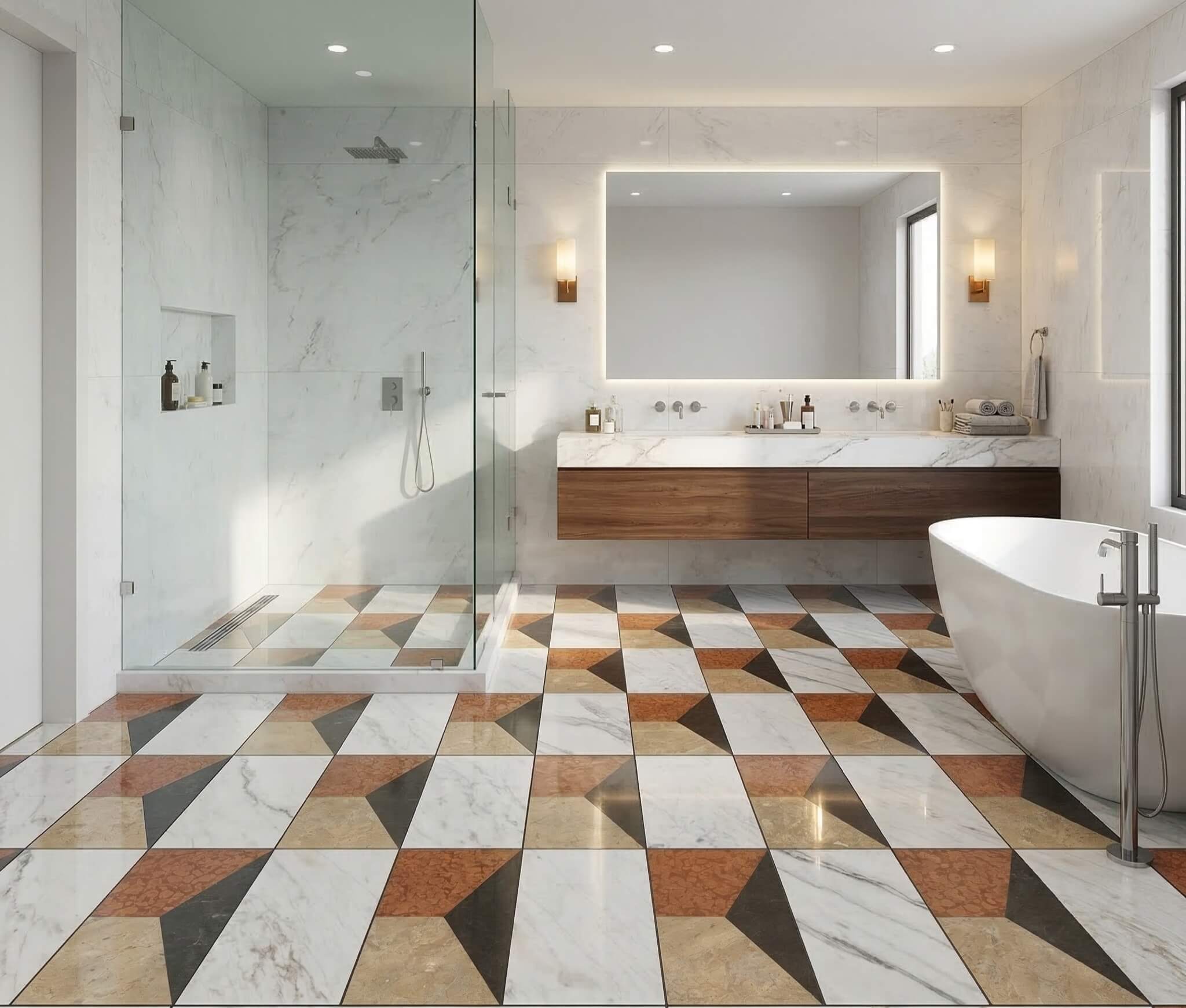Spacious bathroom floor installed with polished 12x24 four-color geometric waterjet natural marble tiles.