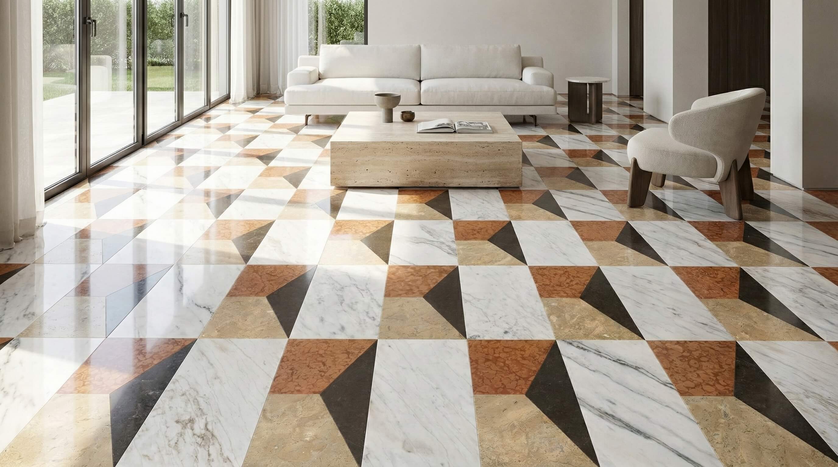 Bright sunlit living room featuring reflective 12x24 four-color geometric waterjet marble floor tile layout.