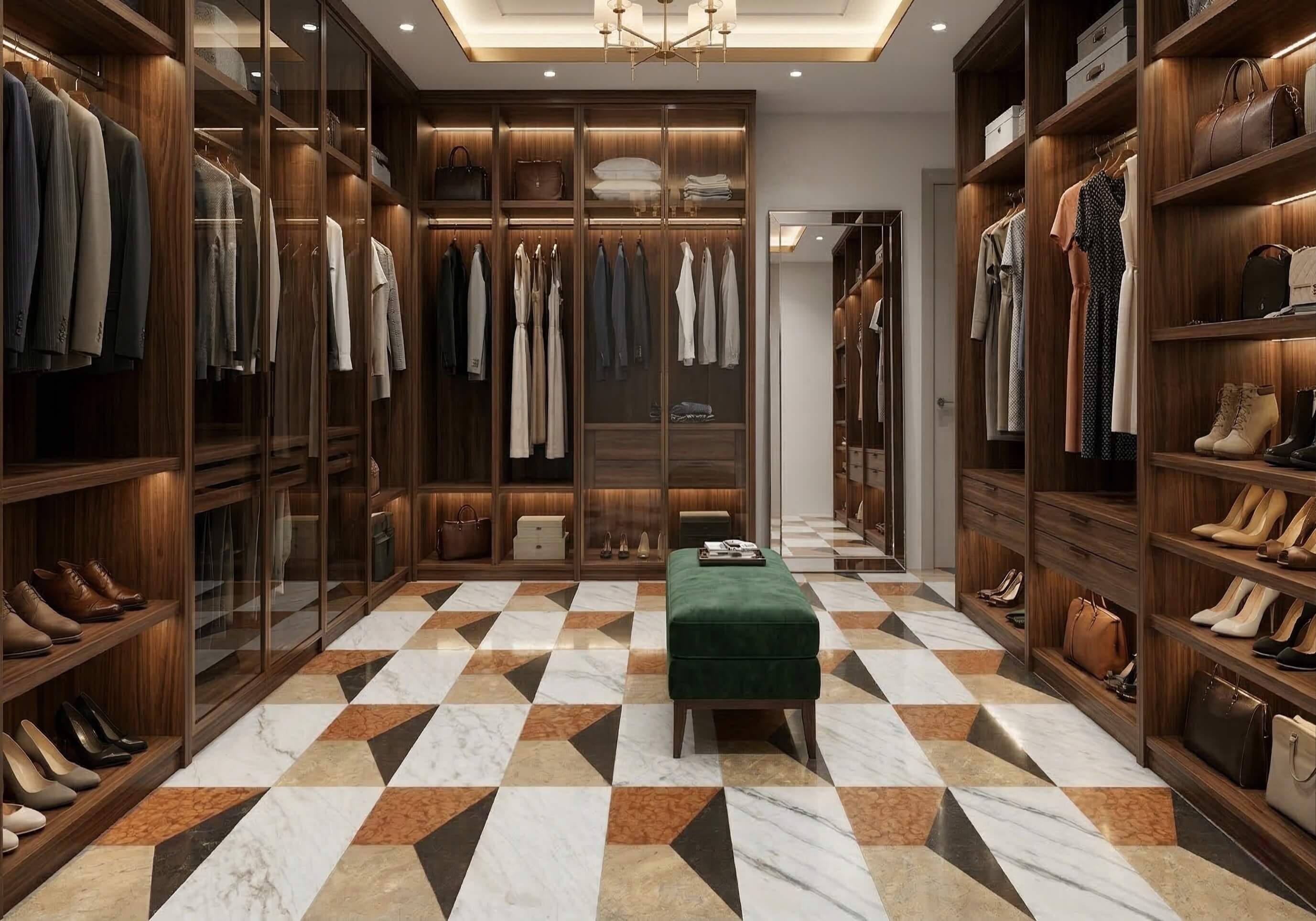 Custom dark wood walk-in closet and dressing room fitted with polished 12x24 geometric waterjet marble floor tiles.