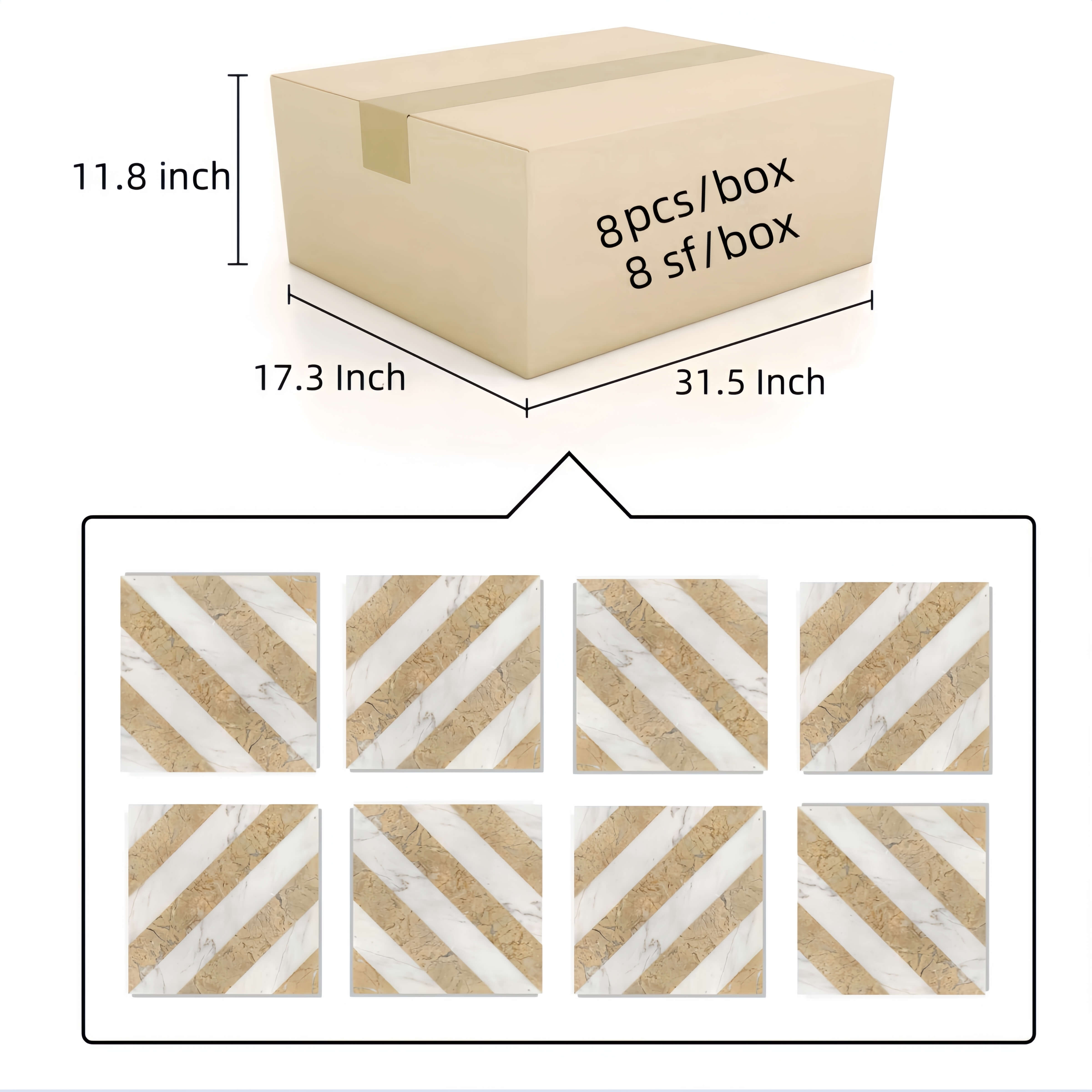 Packaging diagram illustrating 8 pieces or 8 square feet of 12x12 marble tiles per carton box with dimensions.