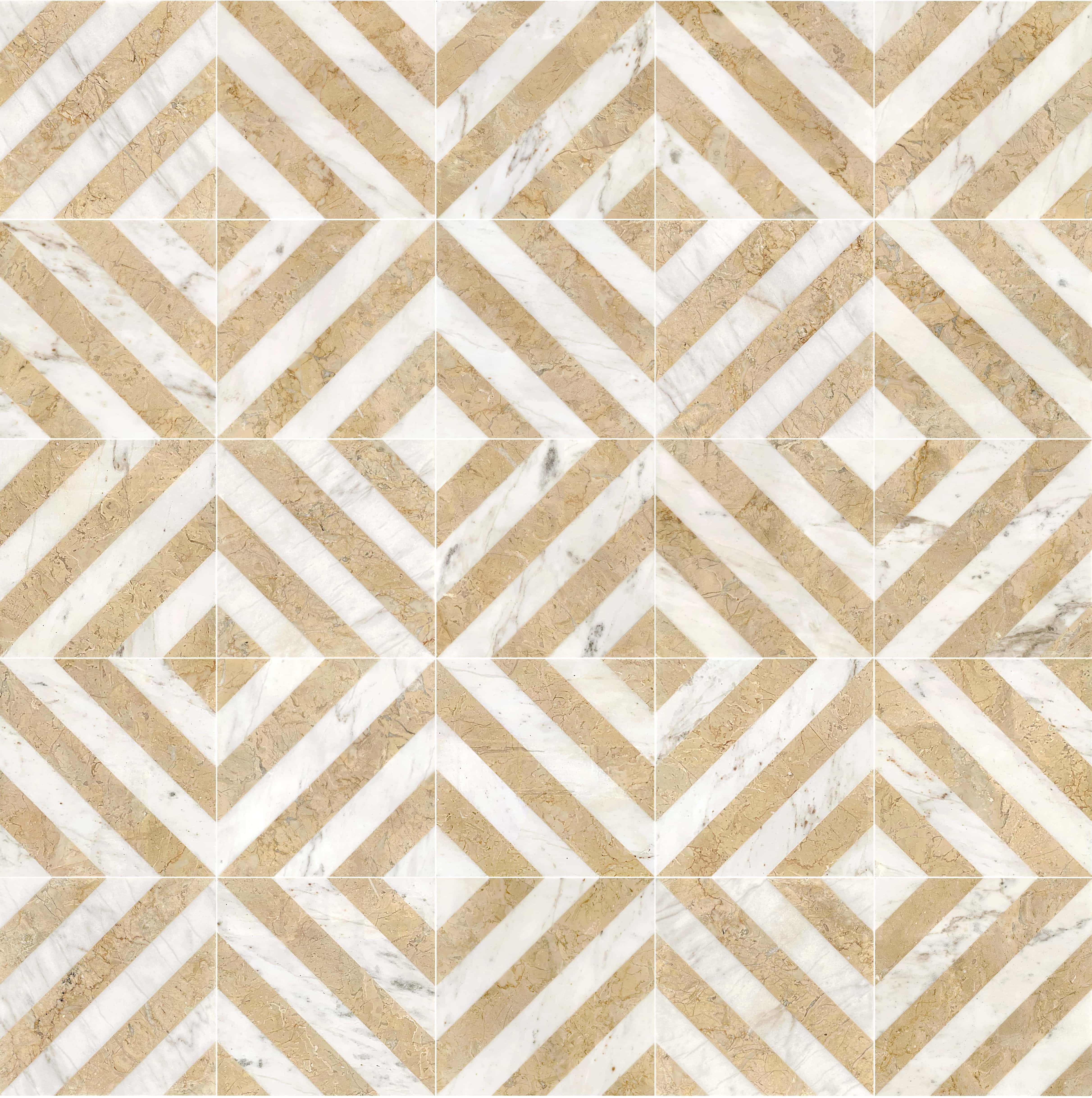 Multiple white and gold waterjet diagonal stripe marble tiles arranged to form a geometric diamond floor pattern.