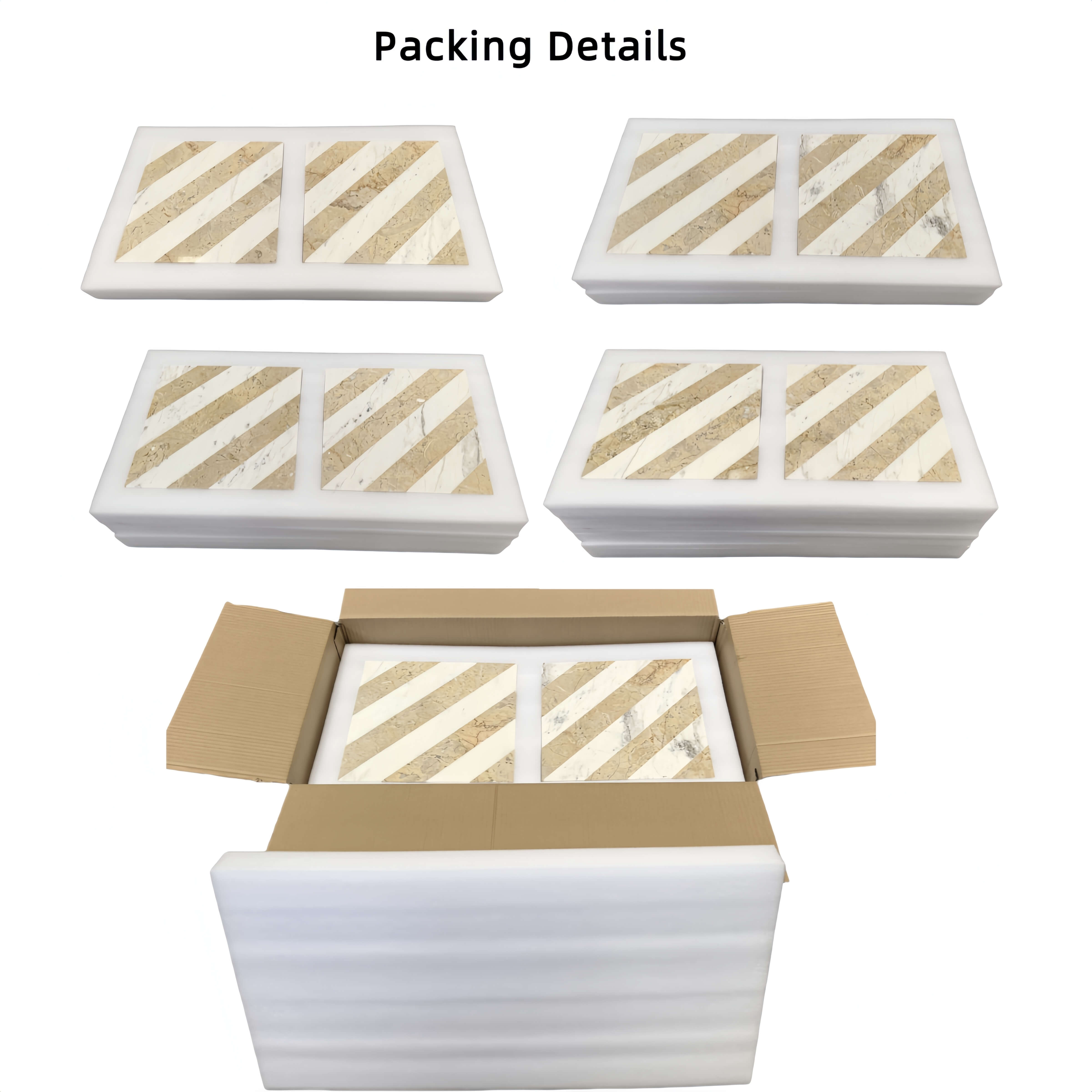 Custom shock-absorbing protective foam packaging surrounding 12x12 waterjet marble tiles inside shipping box.