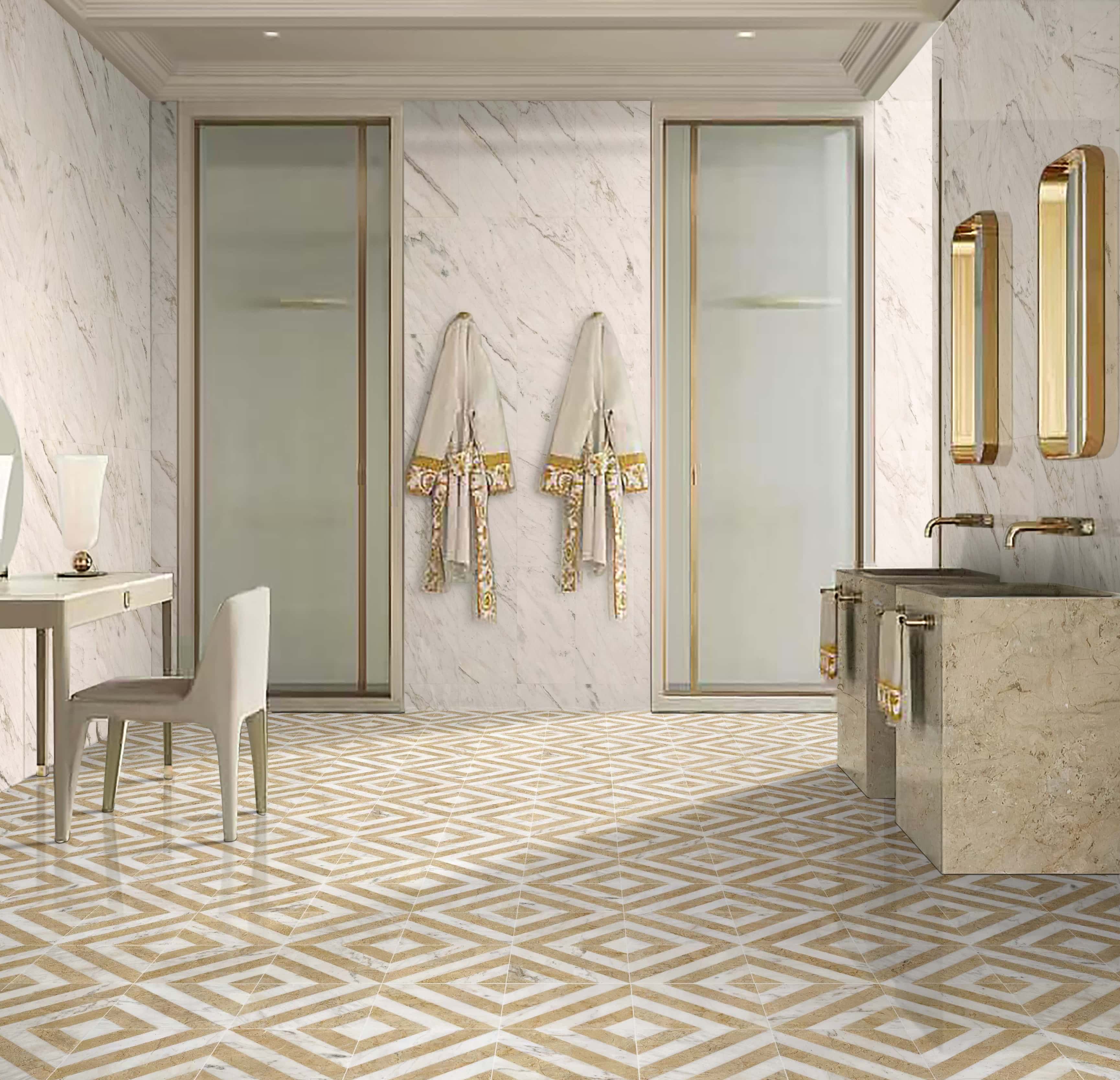 12x12 white and gold waterjet diagonal stripe floor tiles paired with 12x24 Snow Mountain White polished marble wall tiles.