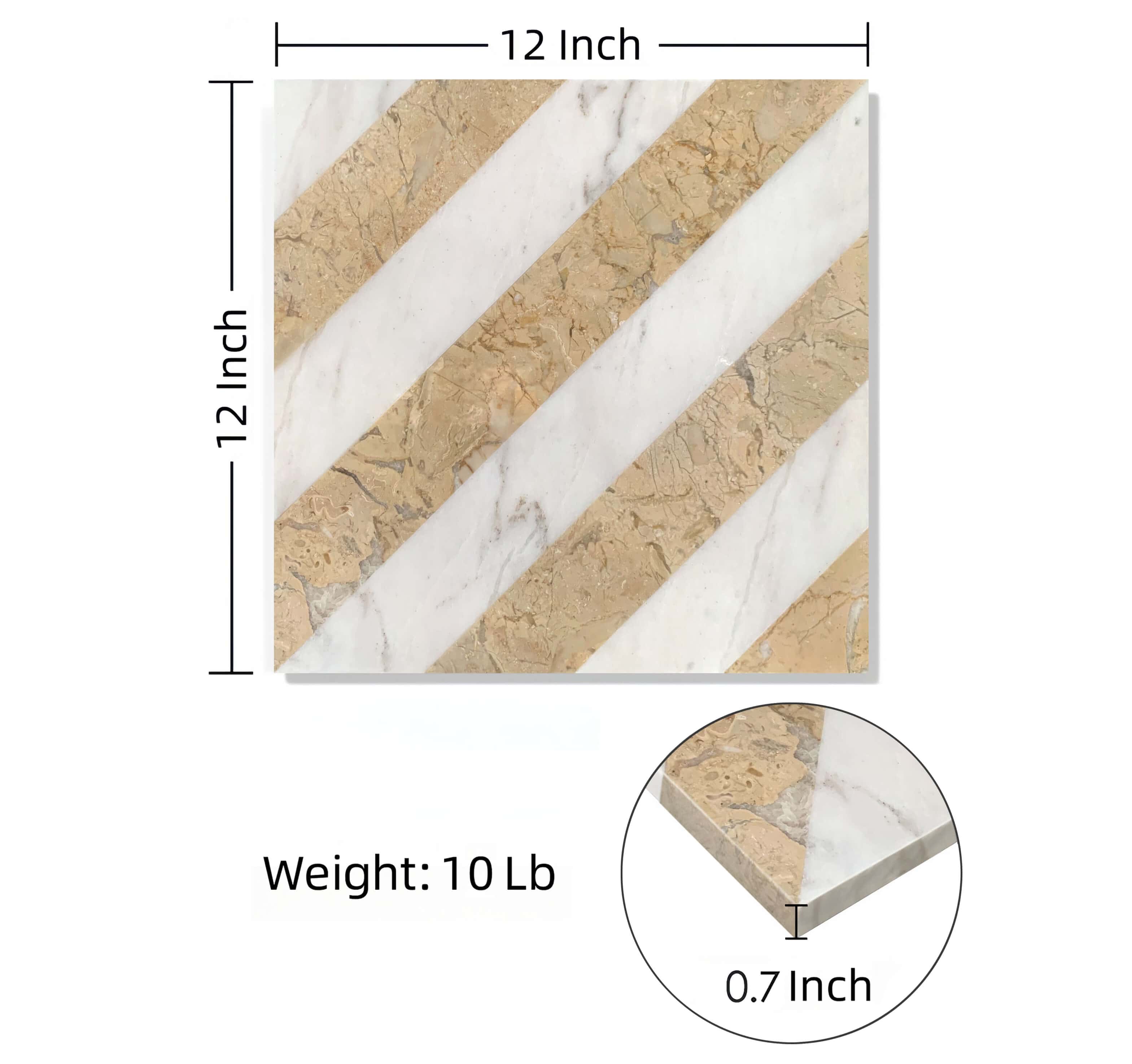 Diagram showing 12x12 inch natural marble tile with 0.7 inch thickness, 10 lb weight, and polished finish.