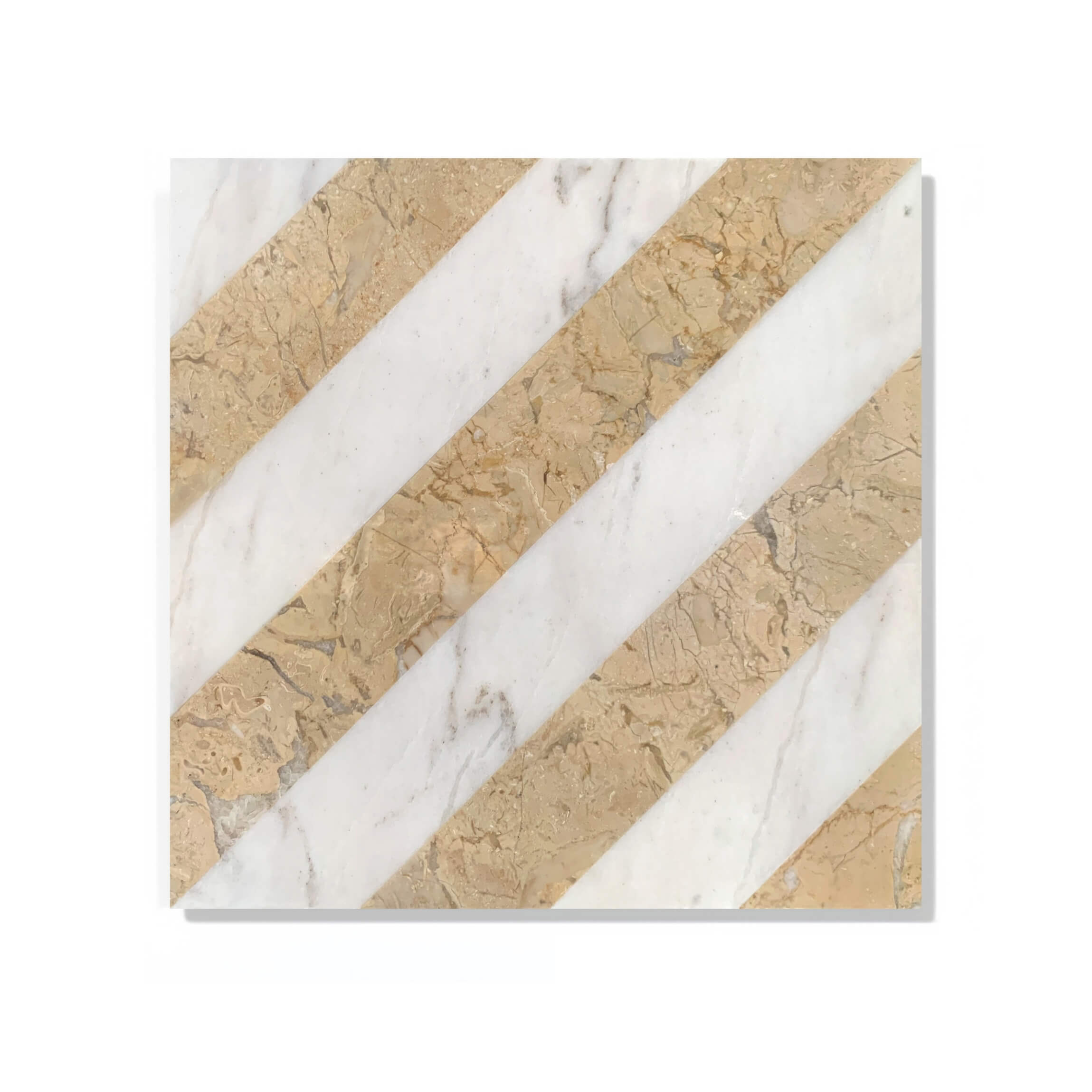 Polished 12x12 natural marble tile featuring diagonal stripes of Snow Mountain White and Amber Gold stone.