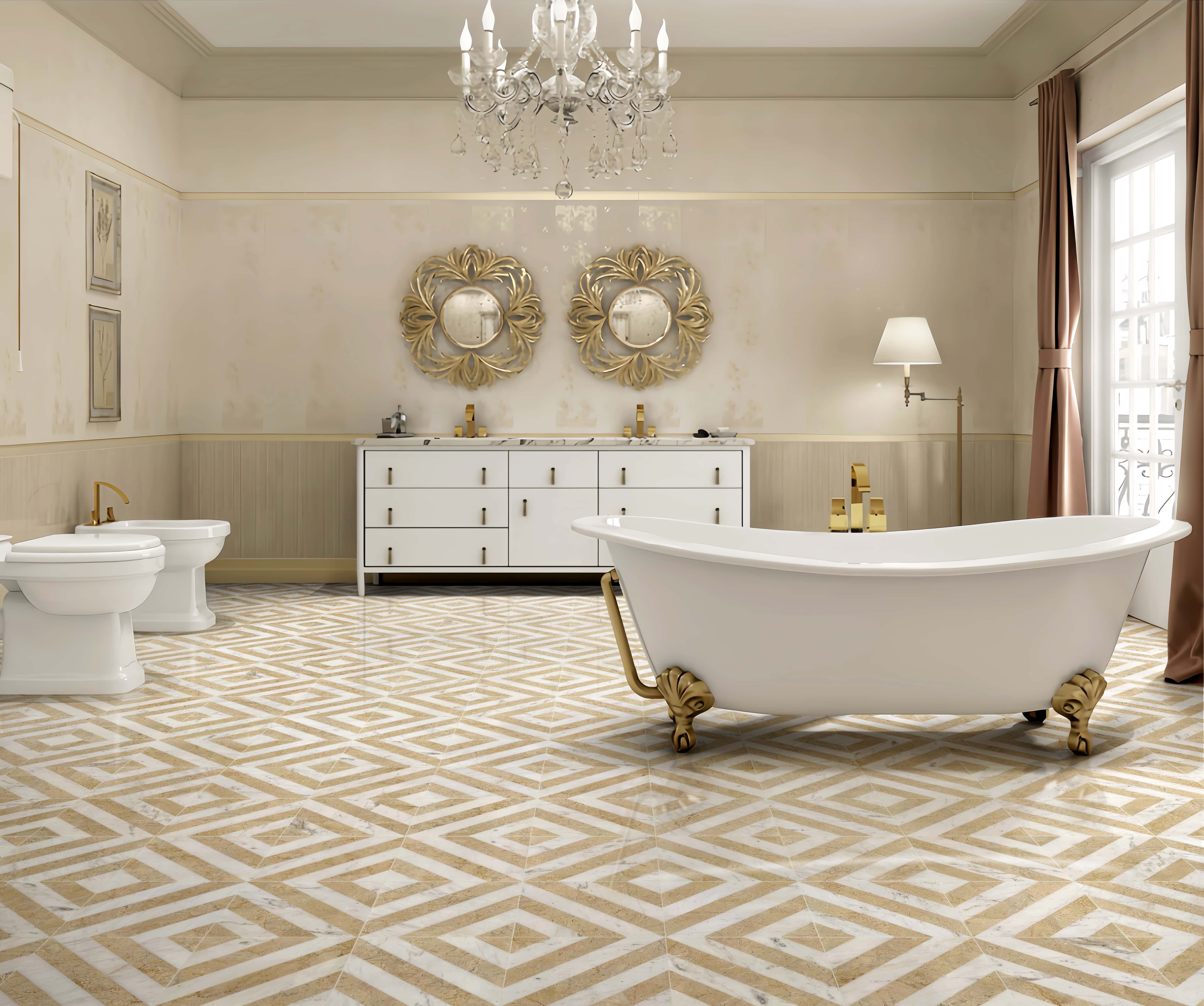 Polished white and gold diagonal stripe waterjet marble floor tiles in a classic bathroom with a freestanding bathtub.