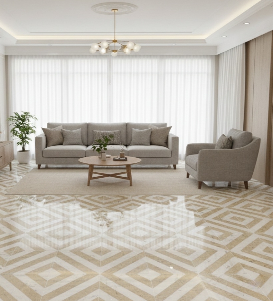 Contemporary living room showcasing polished white and gold waterjet diagonal stripe marble tiles on open floor space.