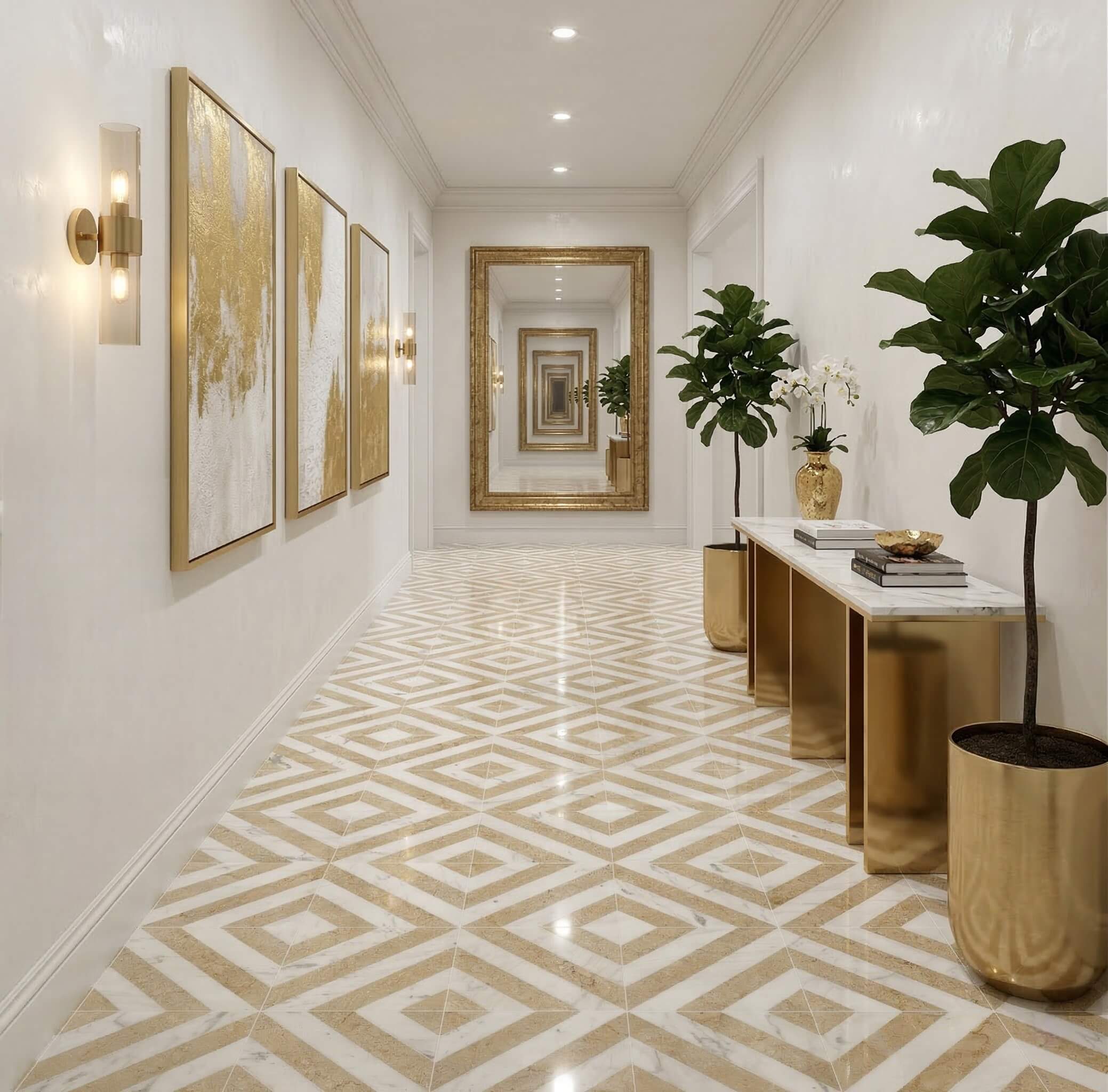 White and gold waterjet diagonal stripe marble floor tiles decorating a long corridor with gold mirrors and wall art.