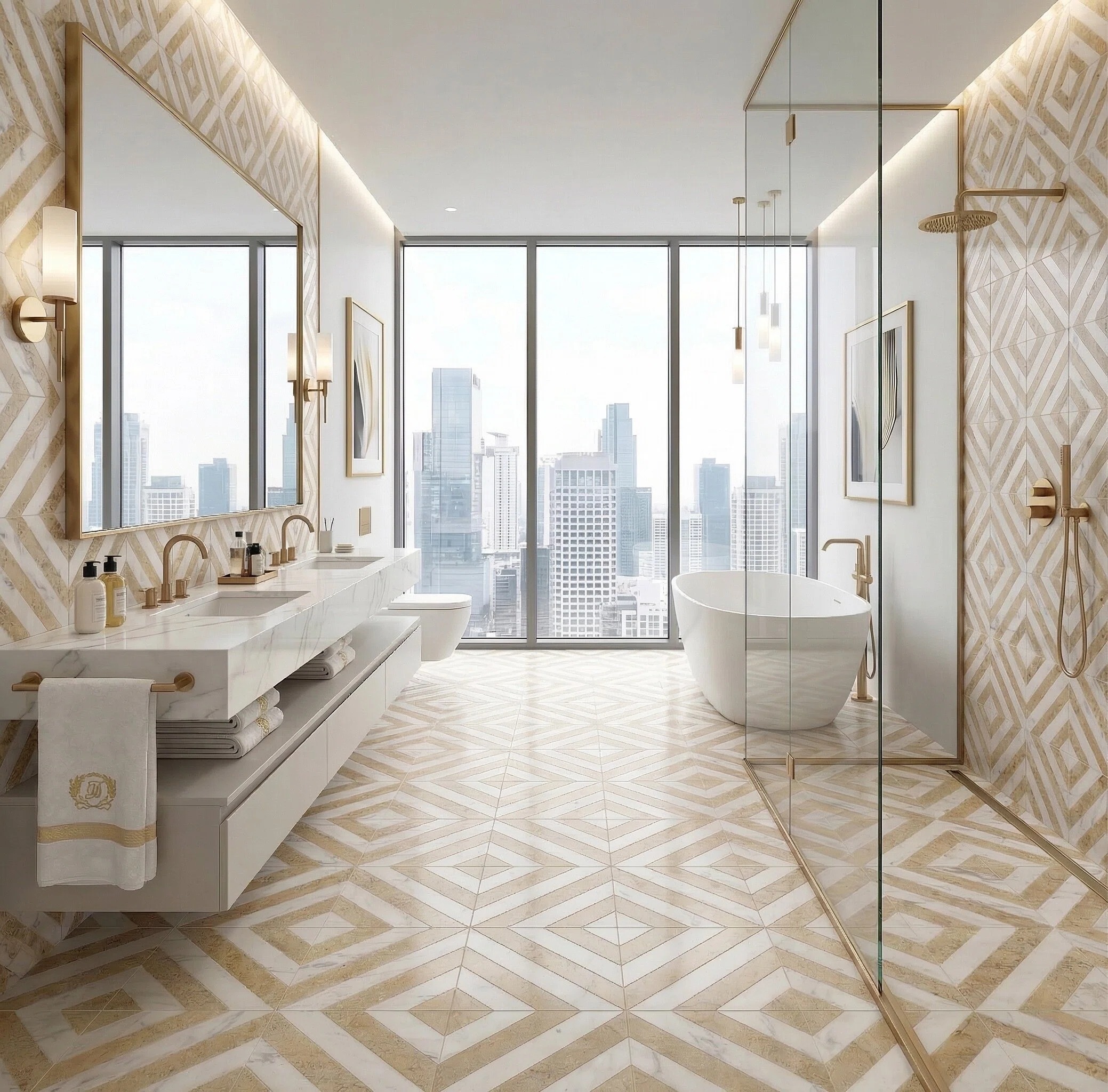 Modern high-rise bathroom featuring white and gold diagonal stripe marble floor tiles and full-height glass windows.