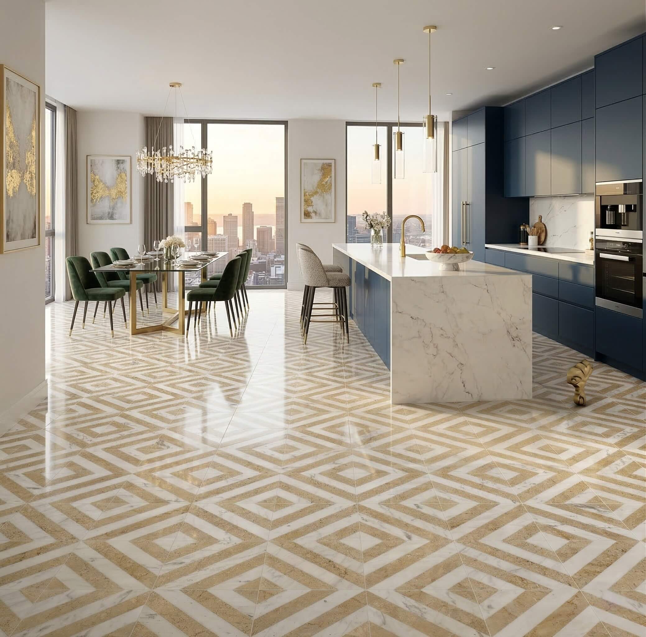Open-concept modern kitchen with marble waterfall island and polished white and gold diagonal stripe marble floor tiles.