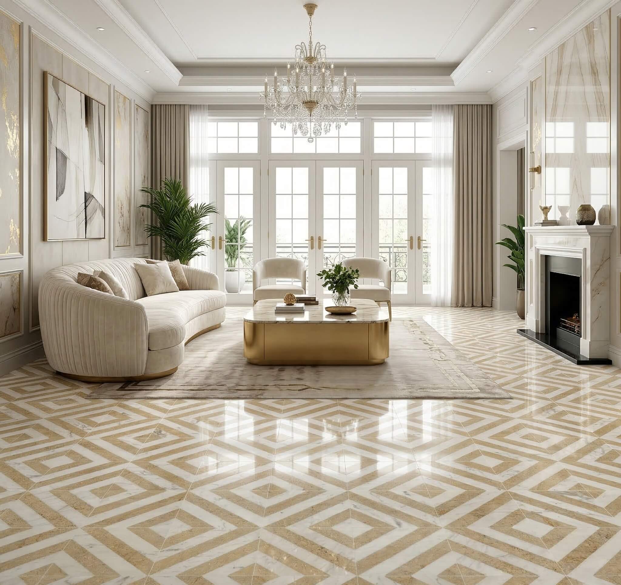 Polished white and gold diagonal stripe marble floor tiles installed in a luxury living room with fireplace and curved sofa.