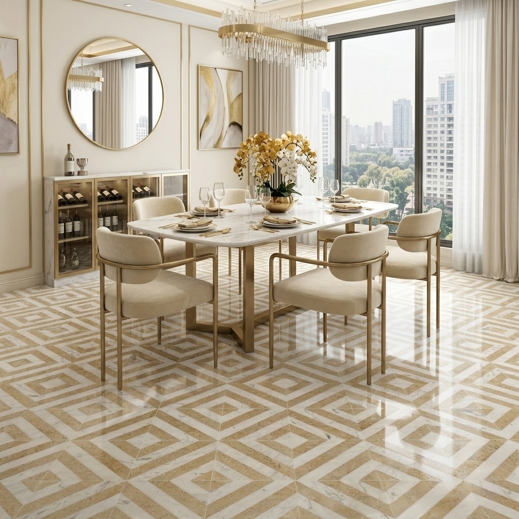 Luxury dining area with gold dining set and geometric white and gold diagonal stripe waterjet marble floor tile layout.